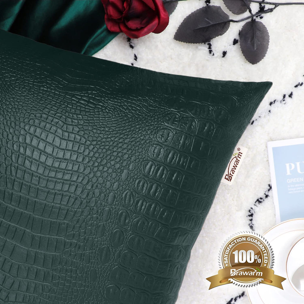 Brawarm Faux Leather Pillow Covers 20 X 20 Inches, Dark Green Leather Pillow Covers Pack Of 2, Crocodile Leather Decorative Thro