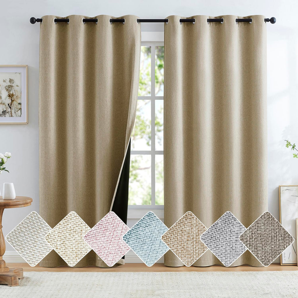 Brown Linen Full Blackout Curtains for Bedroom Thermal Insulated Energy Saving Window Panels Farmhouse Burlap Texture Drapes for