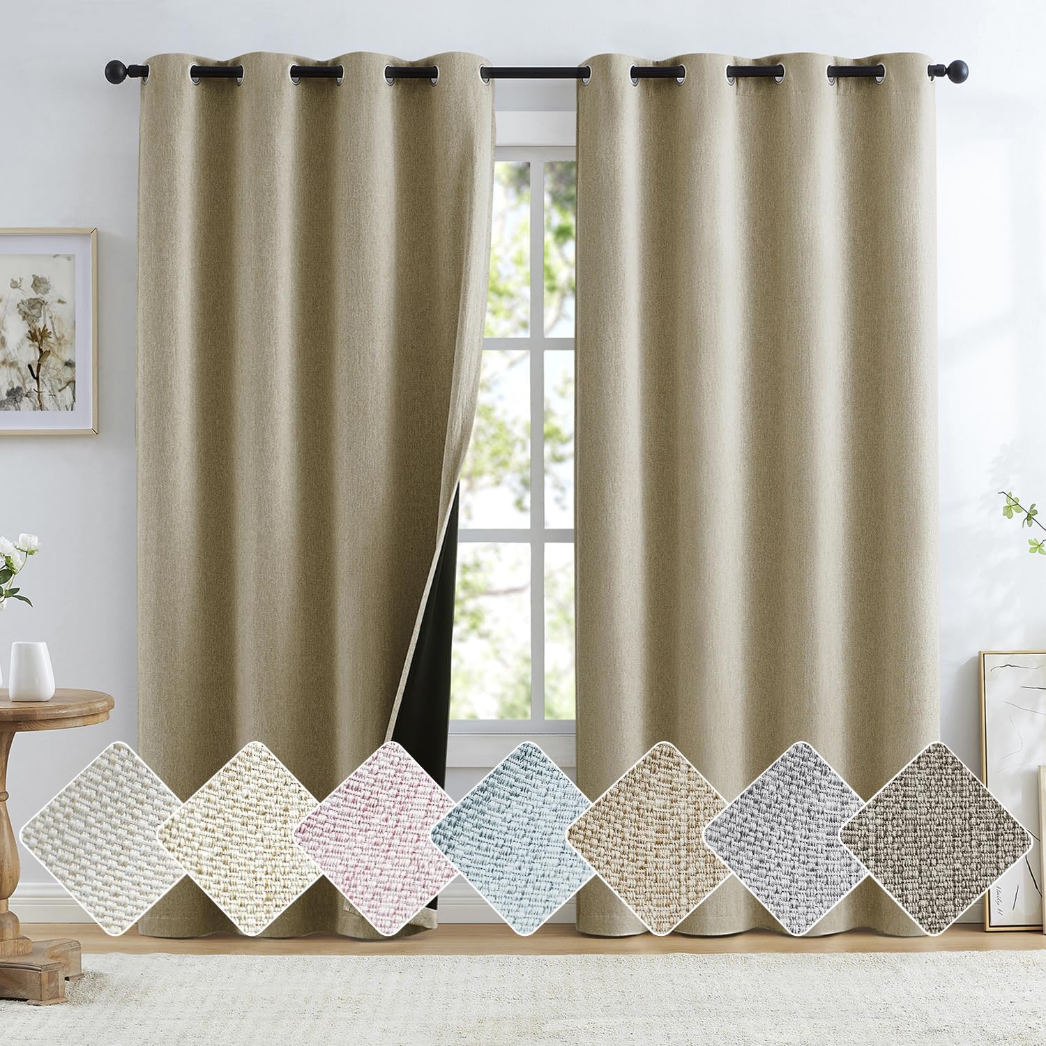 Brown Linen Full Blackout Curtains for Bedroom Thermal Insulated Energy Saving Window Panels Farmhouse Burlap Texture Drapes for
