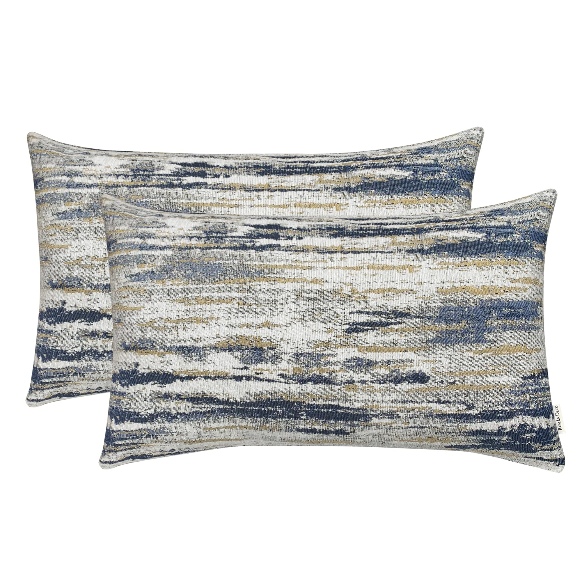 Romandeco Jacquard Chenille Striped Decorative Throw Pillow Covers For Couch Set Of 2, 12X20 Inches, Navy Blue