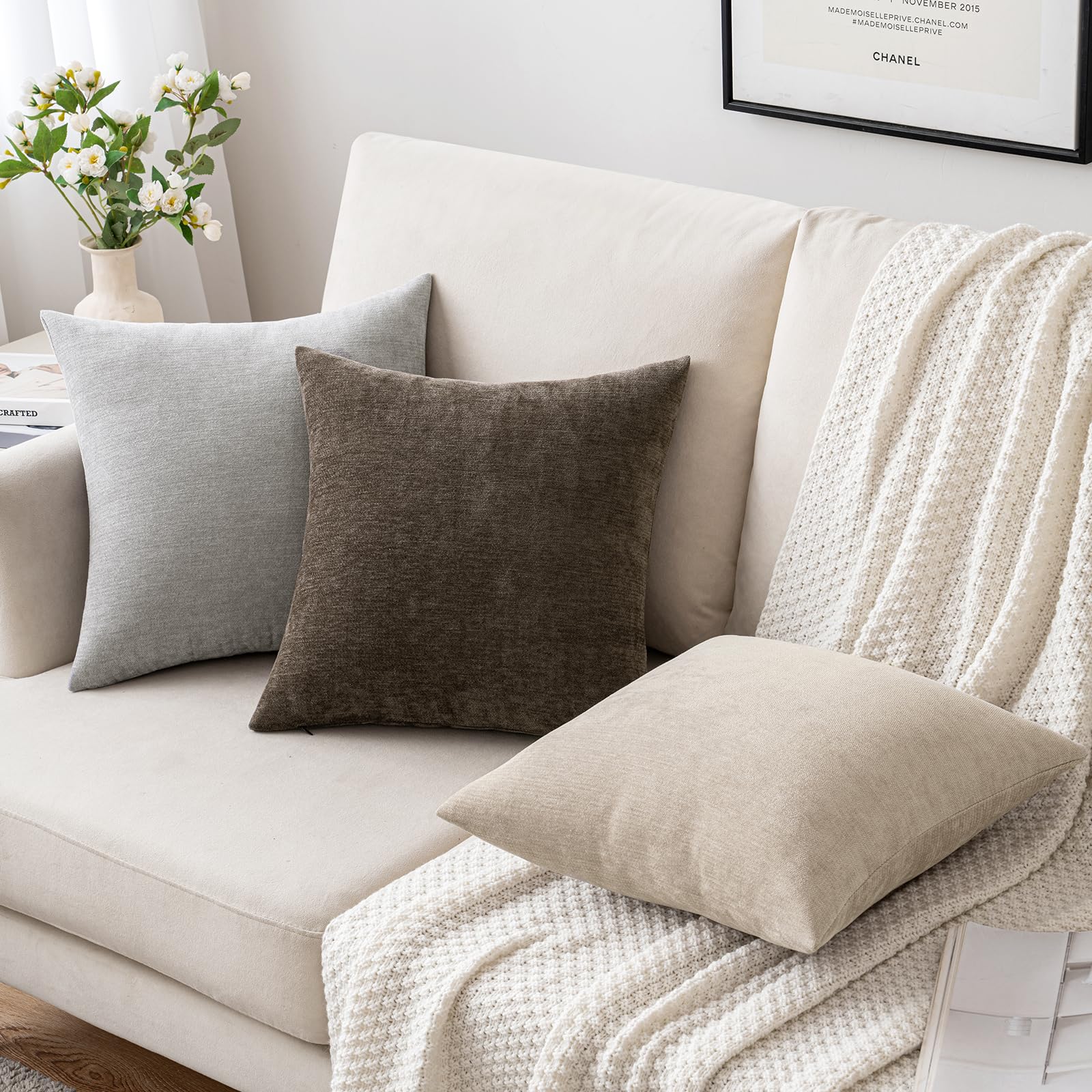 Miulee Pack Of 2 Light Grey Decorative Pillow Covers 18X18 Inch Soft Chenille Couch Throw Pillows Farmhouse Cushion Covers For Home Decor Sofa Bedroom Living Room