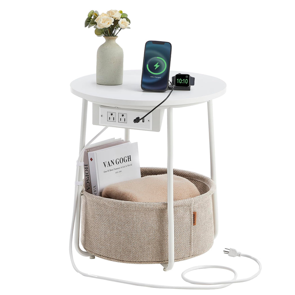 Vasagle Side Table With Charging Station, Round End Table With Fabric Basket, Nightstand With Power Outlets Usb Ports, For Living Room, Bedroom, Modern, Matte White And Camel Brown Ulet228W01