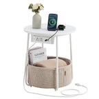 Vasagle Side Table With Charging Station, Round End Table With Fabric Basket, Nightstand With Power Outlets Usb Ports, For Living Room, Bedroom, Modern, Matte White And Camel Brown Ulet228W01