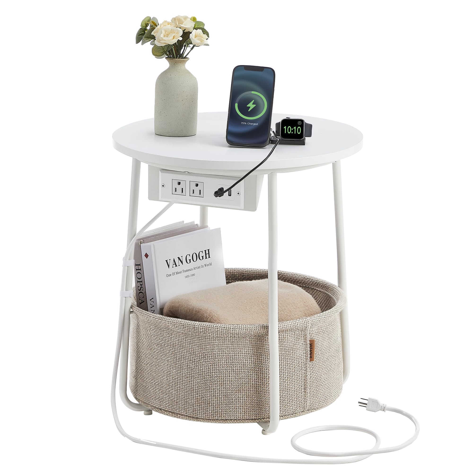 Vasagle Side Table With Charging Station, Round End Table With Fabric Basket, Nightstand With Power Outlets Usb Ports, For Living Room, Bedroom, Modern, Matte White And Camel Brown Ulet228W01