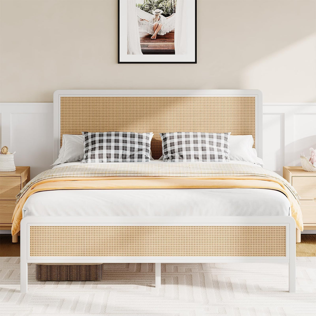 Chabuildreark Rattan Bed Frame Full, Boho Bed Frame With Headboard, Metal Platform Bed Frame, Rattan Bed Frames With Steel Slats