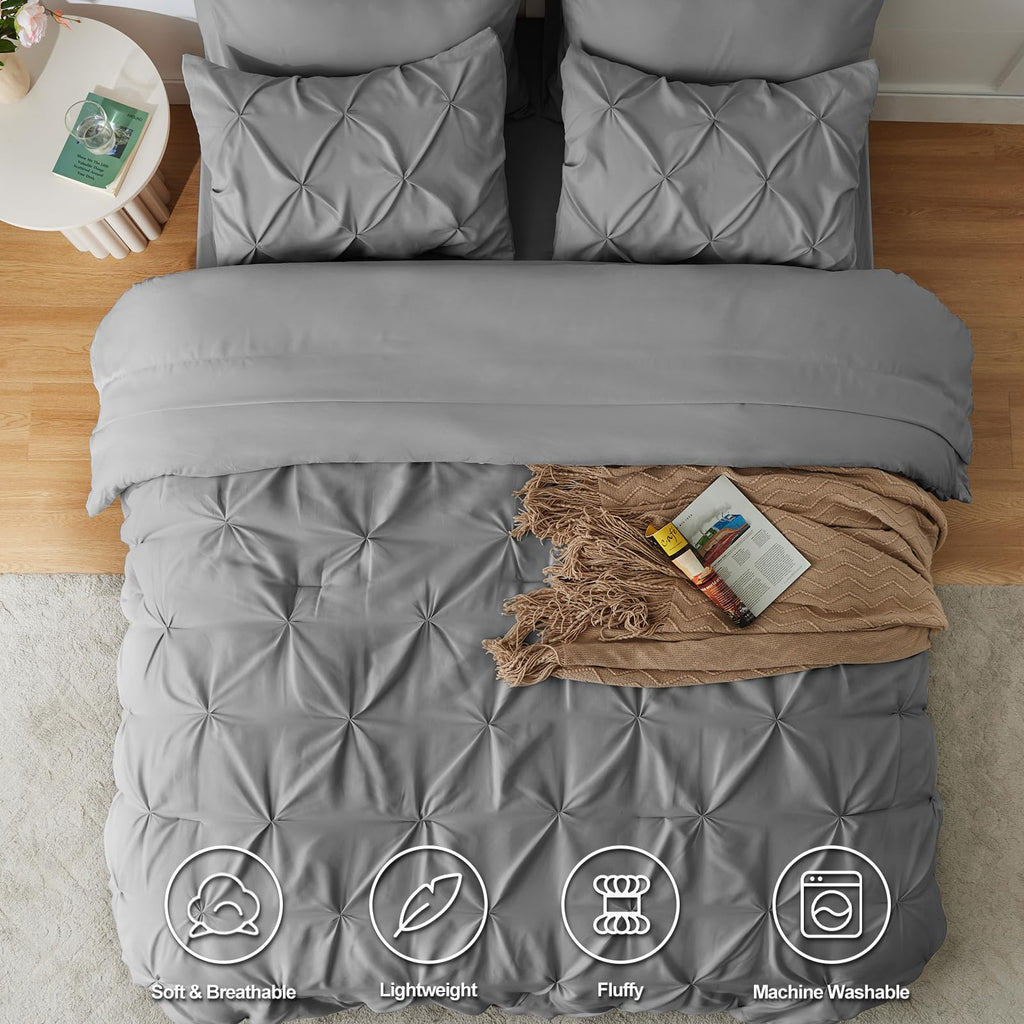 Himeet Gray Comforter Set Queen 7 Pieces Bedding Set Pintuck Queen Bed In A Bag Set Pinch Pleat Queen Size Bed In A Bag Grey