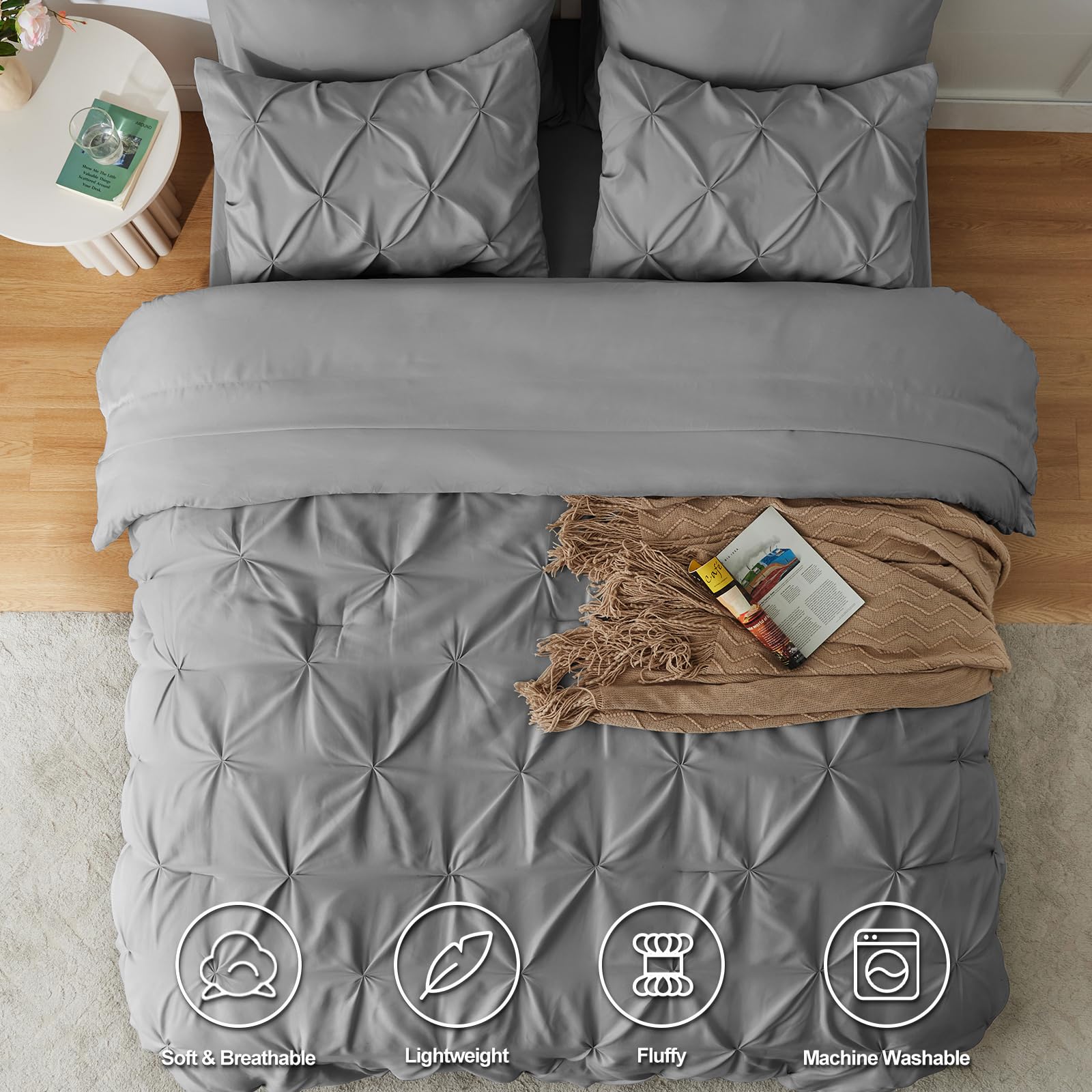 Himeet Gray Comforter Set Queen 7 Pieces Bedding Set Pintuck Queen Bed In A Bag Set Pinch Pleat Queen Size Bed In A Bag Grey