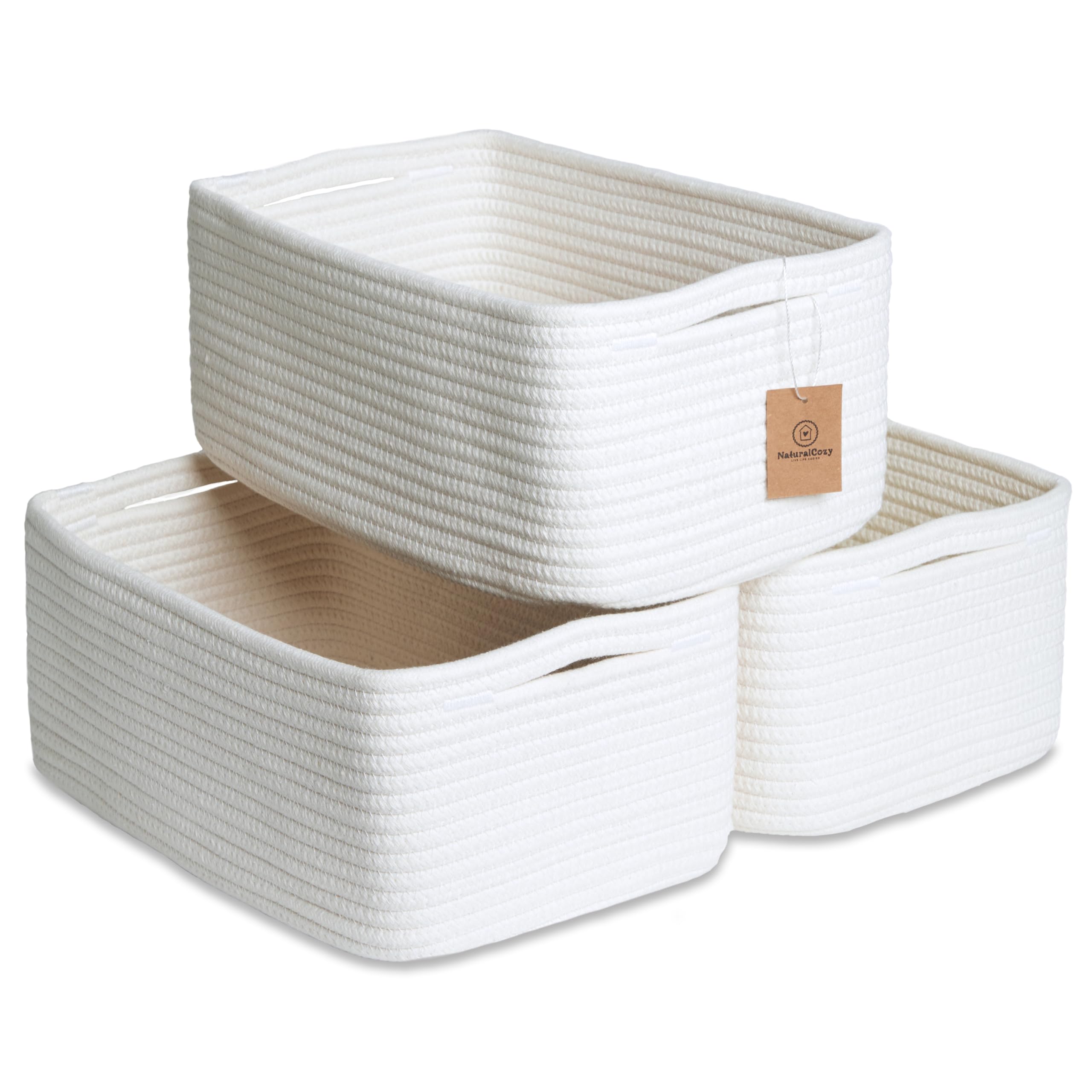 NaturalCozy 13.5   x8.5   x5.5    Storage Baskets for Shelves 3 Pack | Cotton Rope Woven Small Baskets for Organizing | Small St
