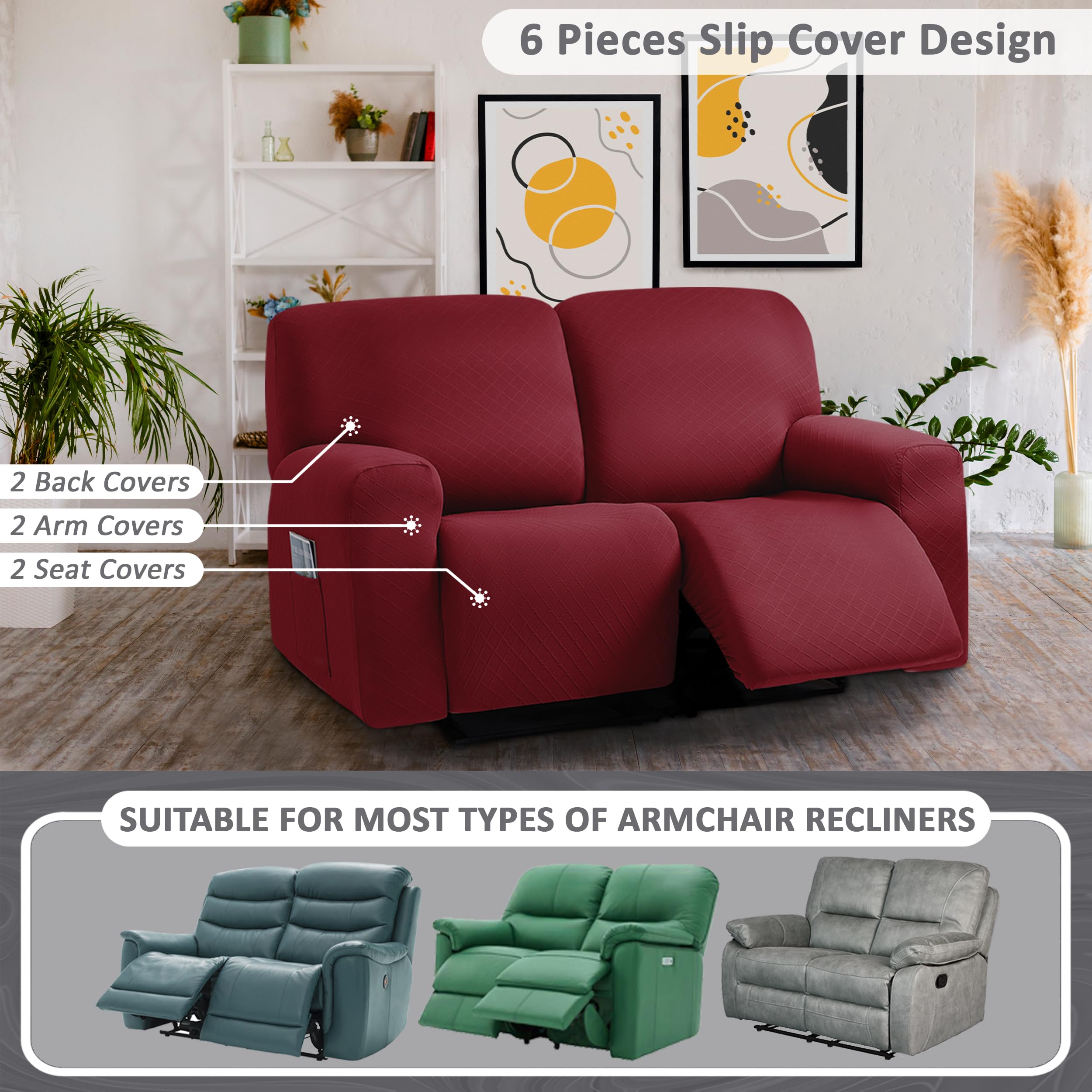 Ulticor Squared Jacquard Design, Reclining Loveseat Slipcover, 48'' - 65'' L, 2 Seat 6-Piece Loveseat Recliner Cover,Loveseat Re