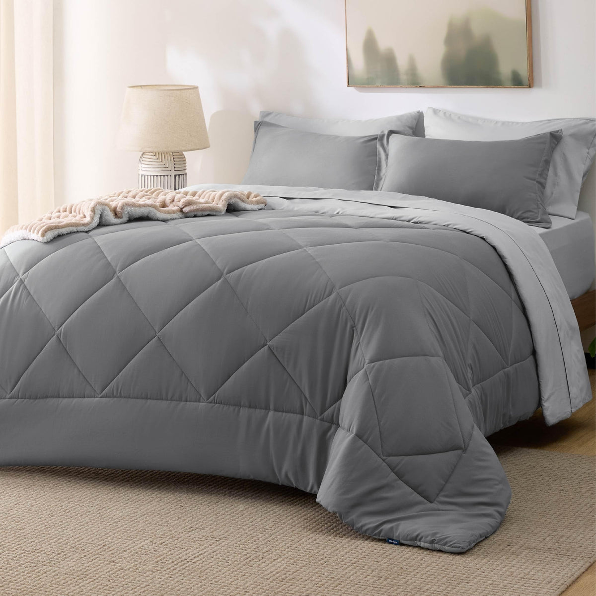 Bedsure Queen Comforter Set - 7 Pieces Reversible Grey Bedding, Queen Size Bed Set For All Seasons, Bed In A Bag With Down Alter