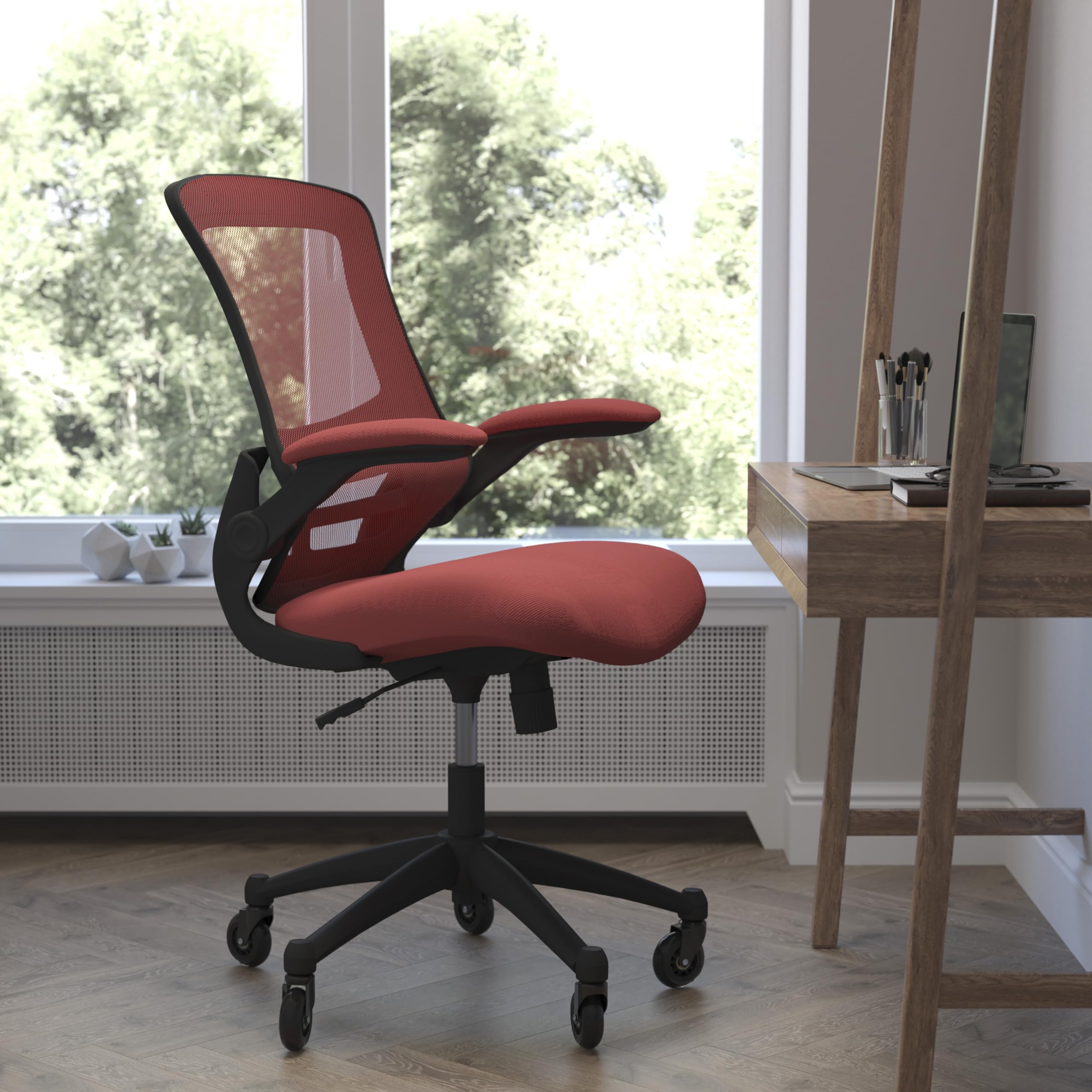 Flash Furniture Kelista Mid-Back Red Mesh Swivel Ergonomic Task Office Chair With Flip-Up Arms And Transparent Roller Wheels