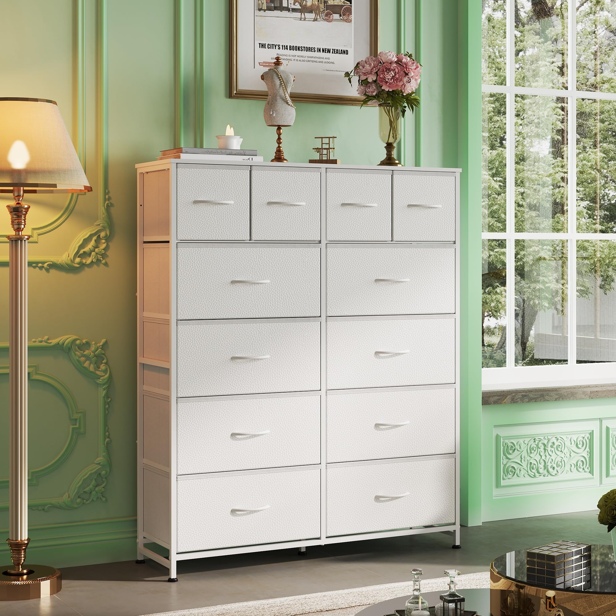 Wlive Tall Dresser For Bedroom With 12 Drawers, Dressers & Chests Of Drawers, Fabric Dresser For Bedroom, Closet, Fabric Storage Dressers With Storage Drawers, Steel Frame, Wood Top, White