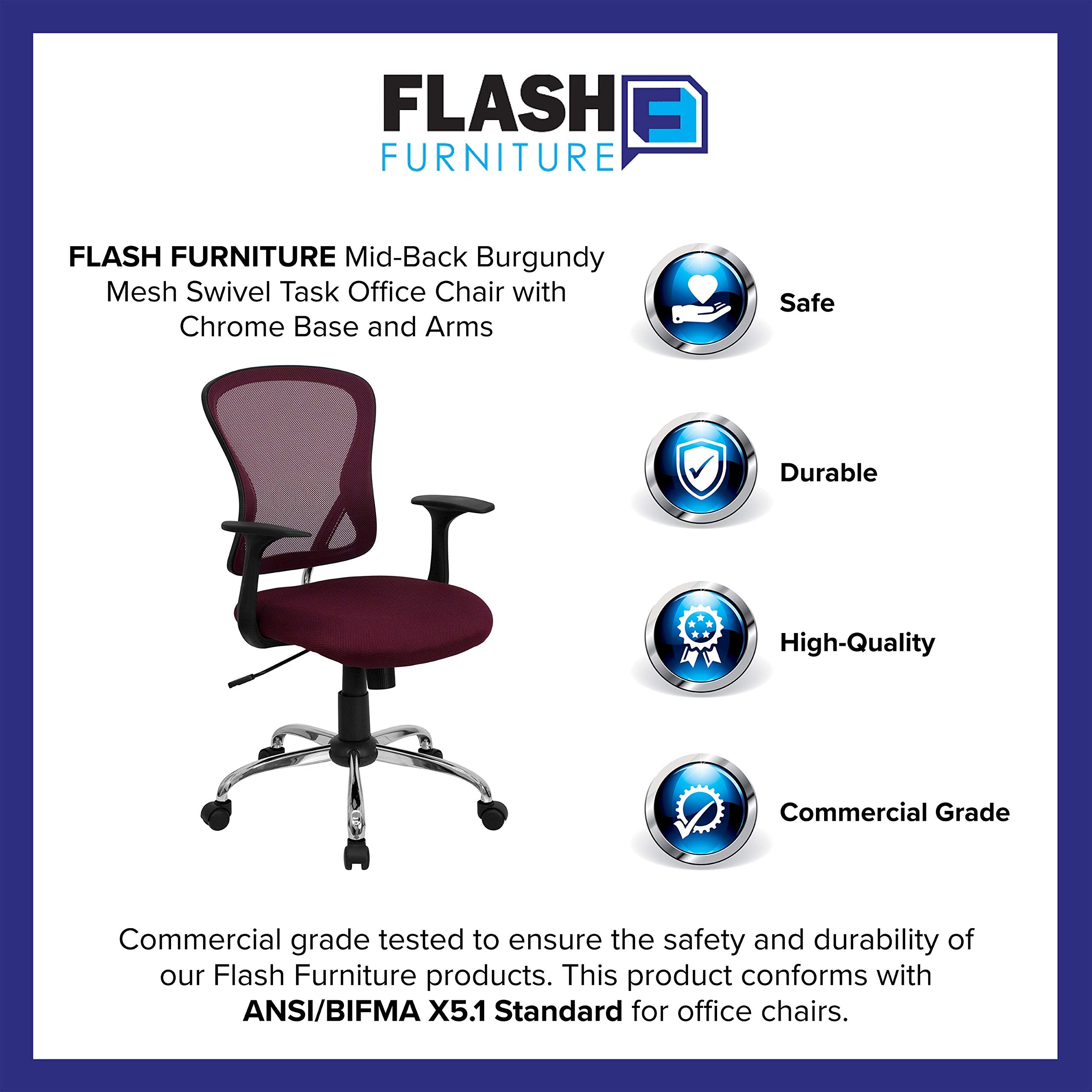 Flash Furniture Alfred Mid-Back Burgundy Mesh Swivel Task Office Chair with Chrome Base and Arms
