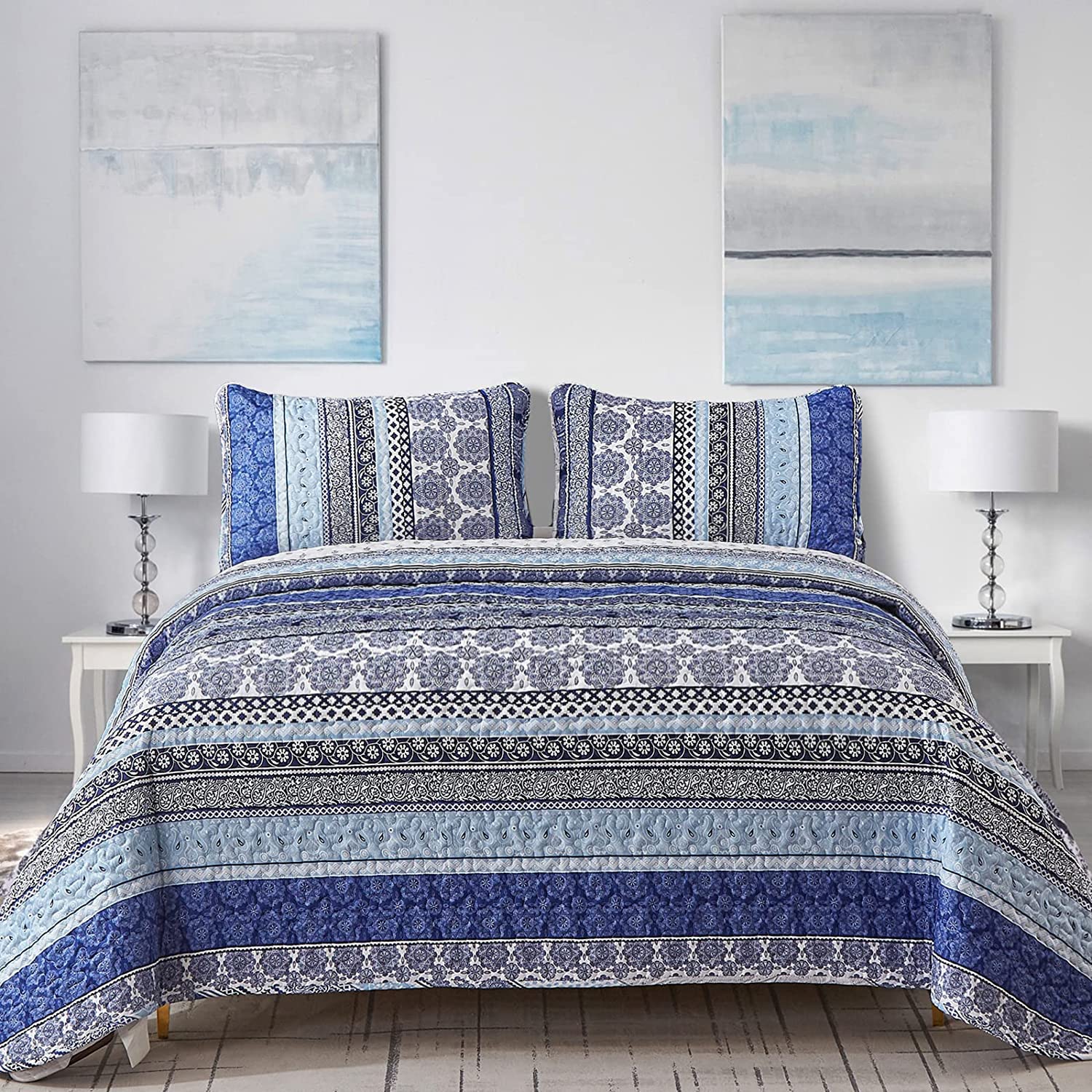 Wongs Bedding Boho Quilt Set Queen Size, Blue Bohemian 3 Pieces Quilt Sets, Lightweight Summer Bedspread Coverlet Bedding Set Fo