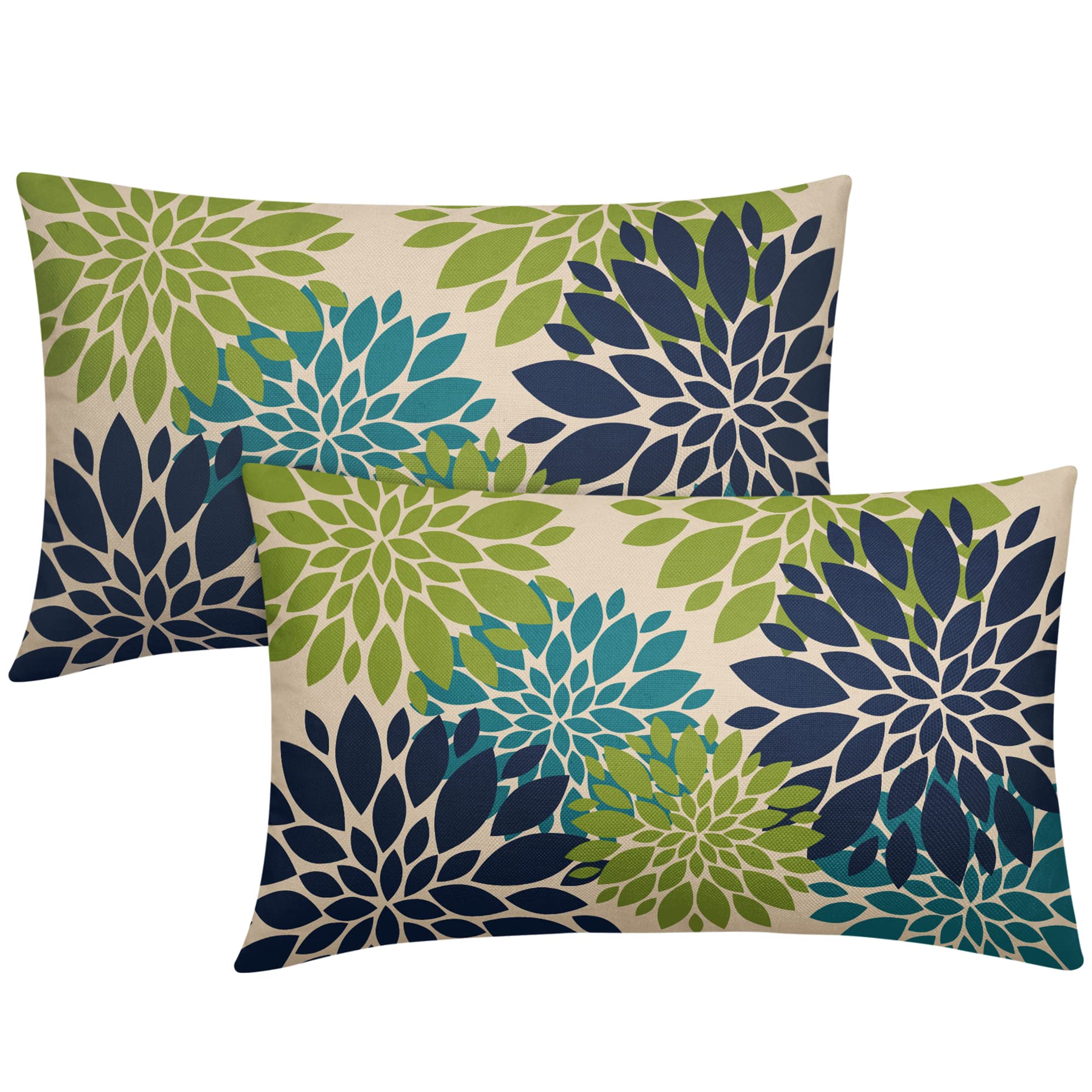 Smozenith Navy Blue Green Teal Pillow Covers 12X20 Inch Set Of 2, Modern Dahlia Floral Print Decorative Rectangle Throw Pillow C