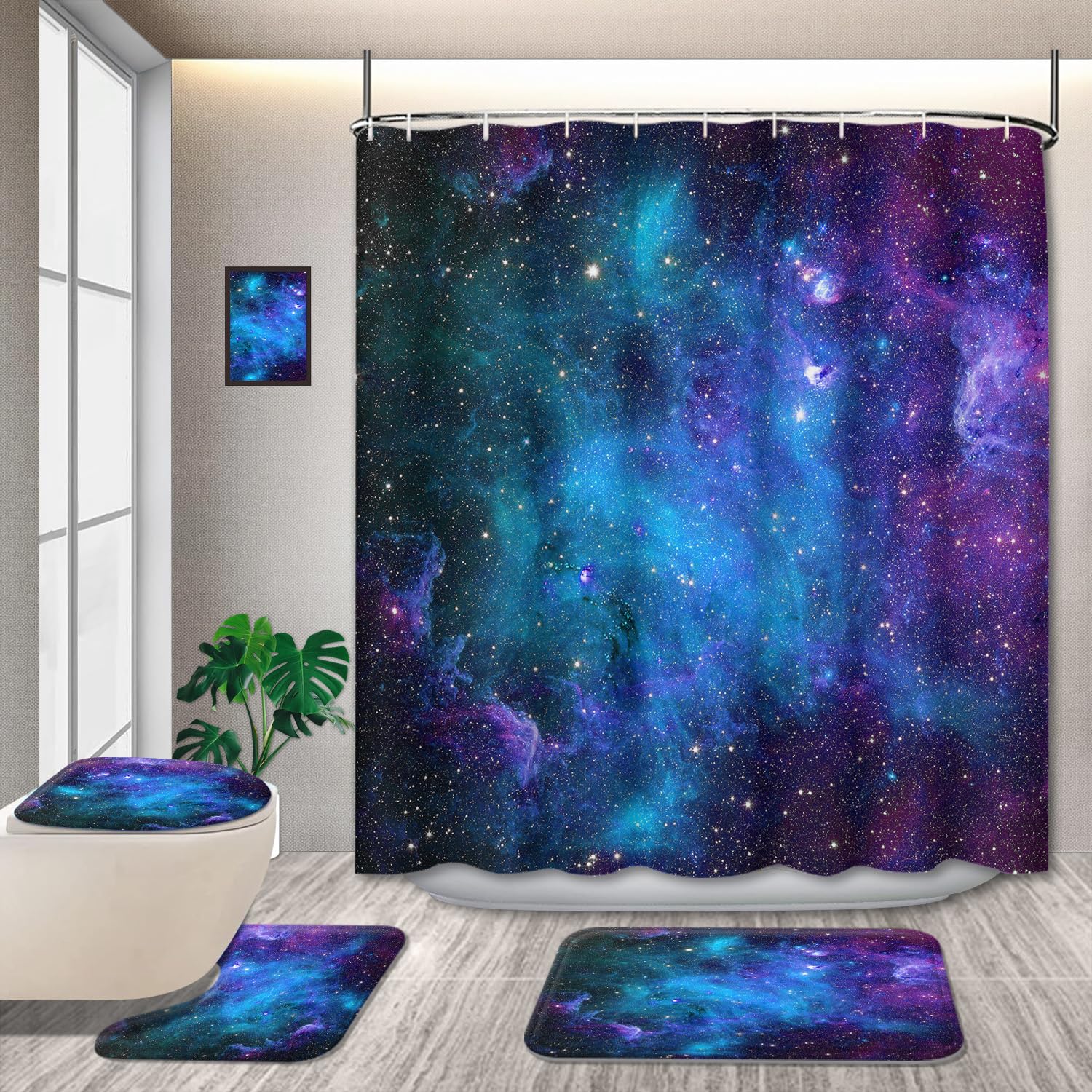 GRIEKOWE 4 Pcs Fabric Universe Outer Space Theme Shower Curtain Sets, Starry Galaxy with Non-Slip Rugs Toilet Lid Cover Bath Mat