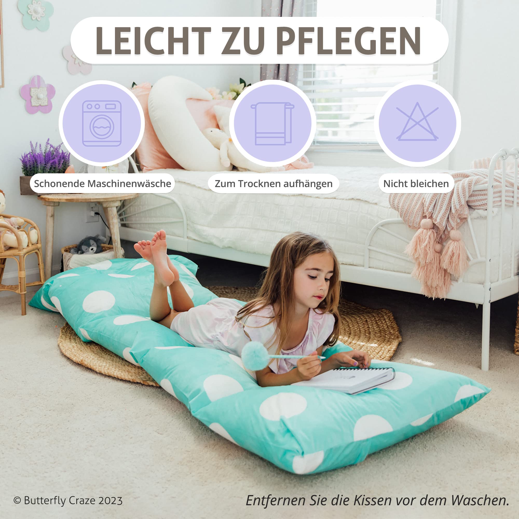 Butterfly Craze Floor Pillow Case, Mattress Bed Lounger Cover, Polka Aqua, Queen Size - Cozy Seating Solution For Kids & Adults,