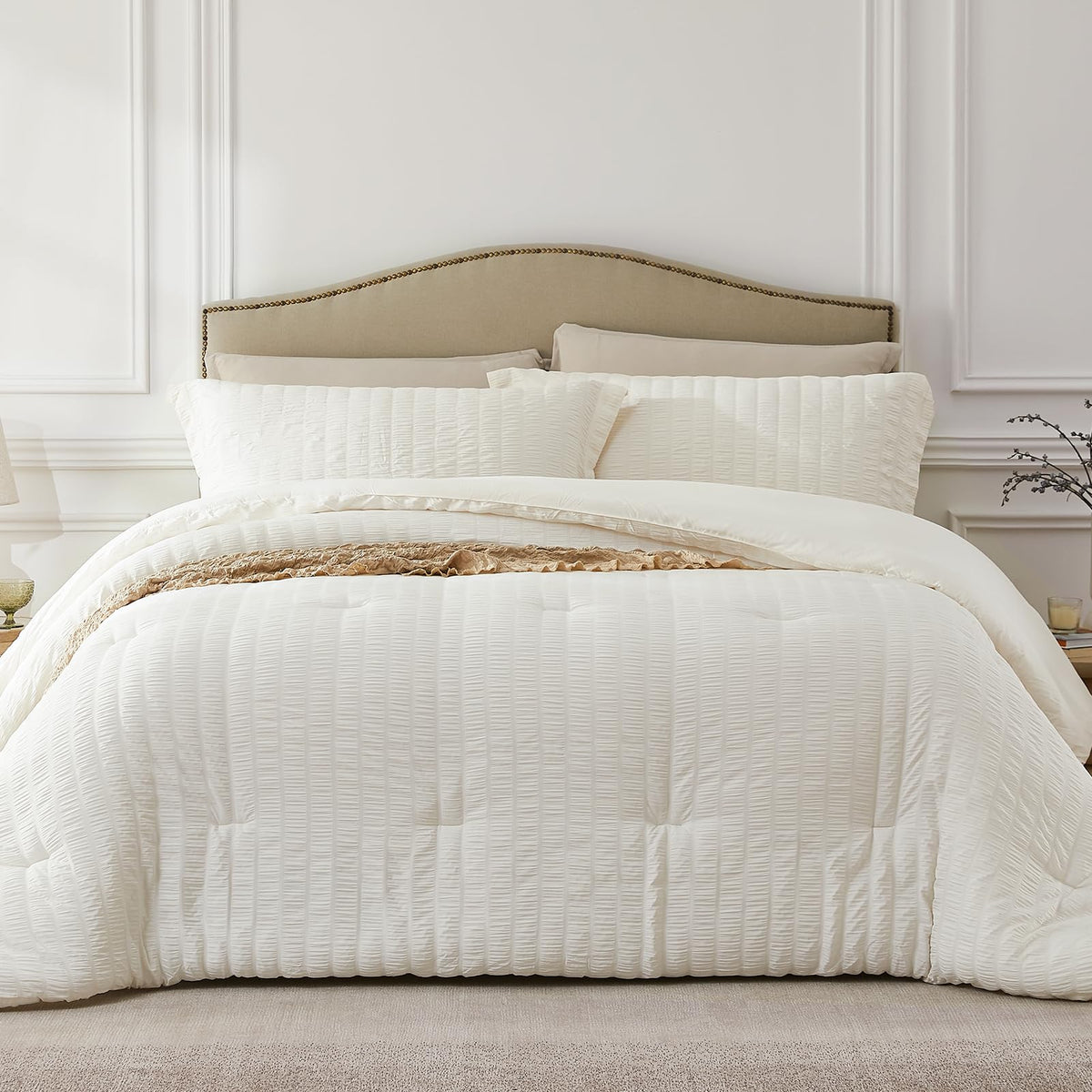 Quataly Beige California King Comforter Set - 3 Pieces Seersucker Lightweight Bedding Comforter Sets (1 Soft Fluffy Comforter &