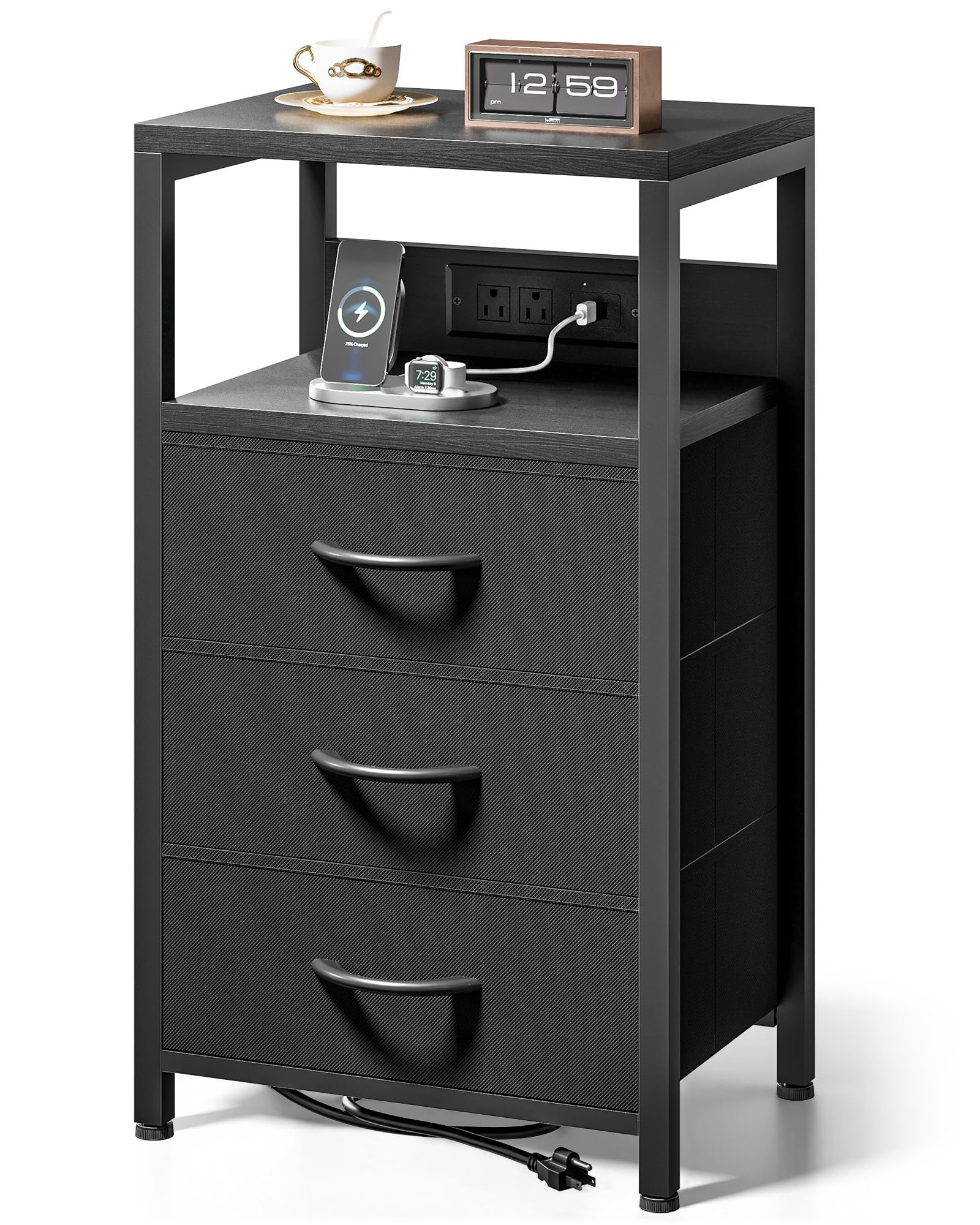 Lazzanto NightStand Bedside Charging Table Bedroom - Night Stand with Charger Station, Black Modern Bed Side End Table with Open