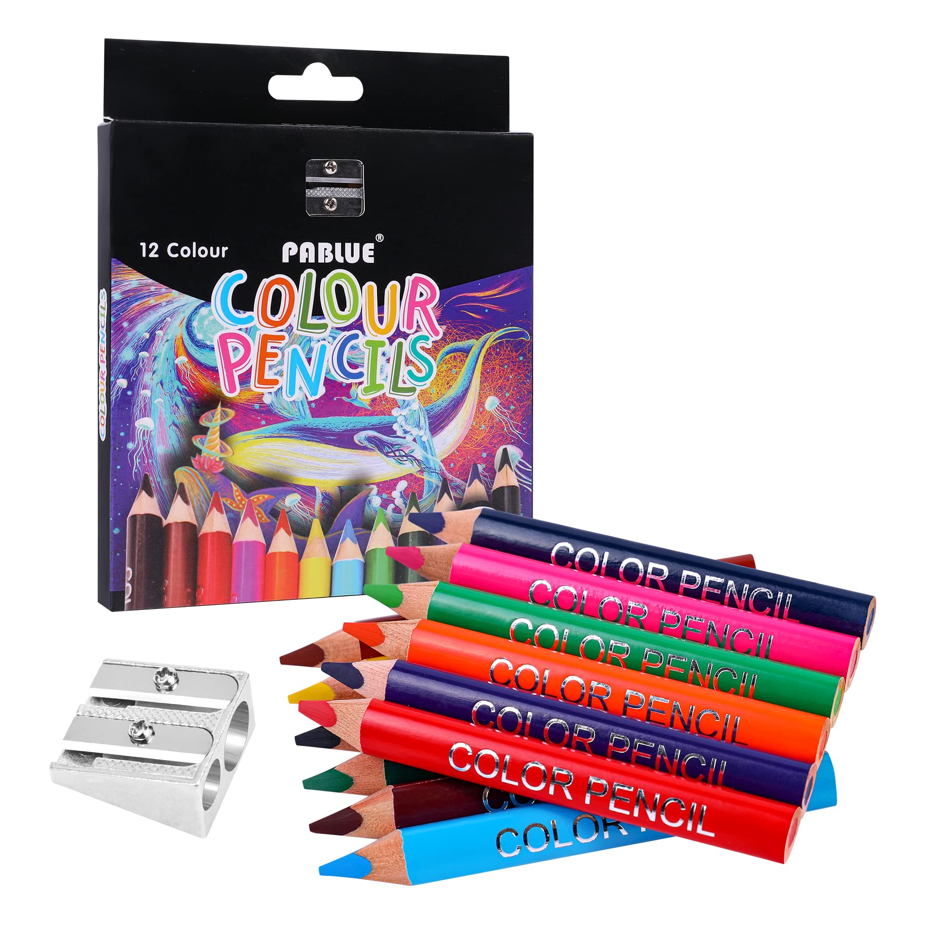 Pablue Triangular Jumbo Color Pencils, Short Fat Pre-Sharped Colored Pencils With Pencil Sharpener And Eraser, For Toddlers Stud