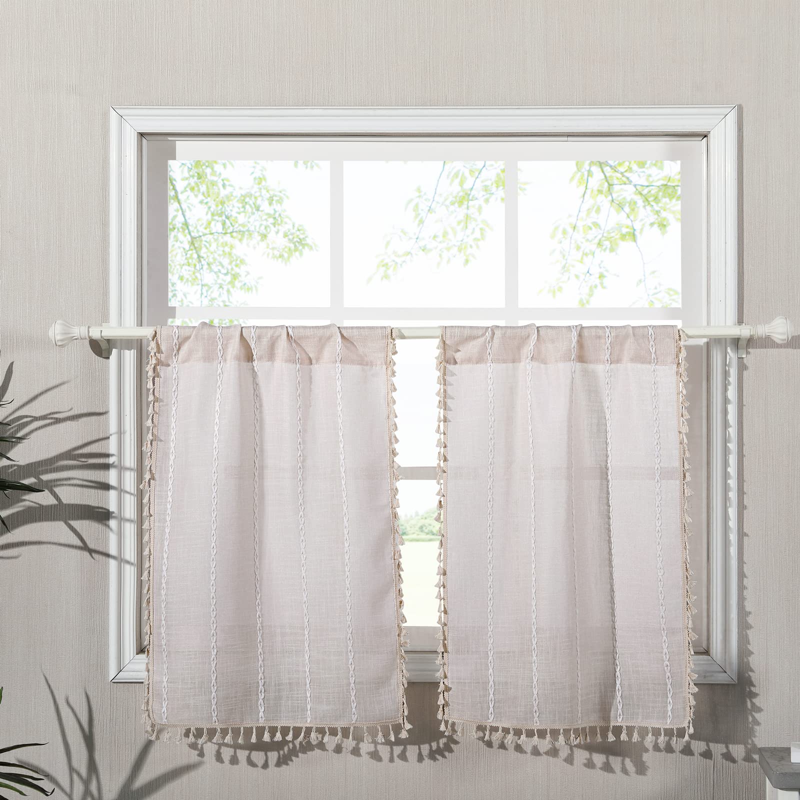 Roomtalks Boho Kitchen Curtains 36 Inch Length French Striped Farmhouse Vintage Chic Textured Tassel Short Cafe Curtains For Sma