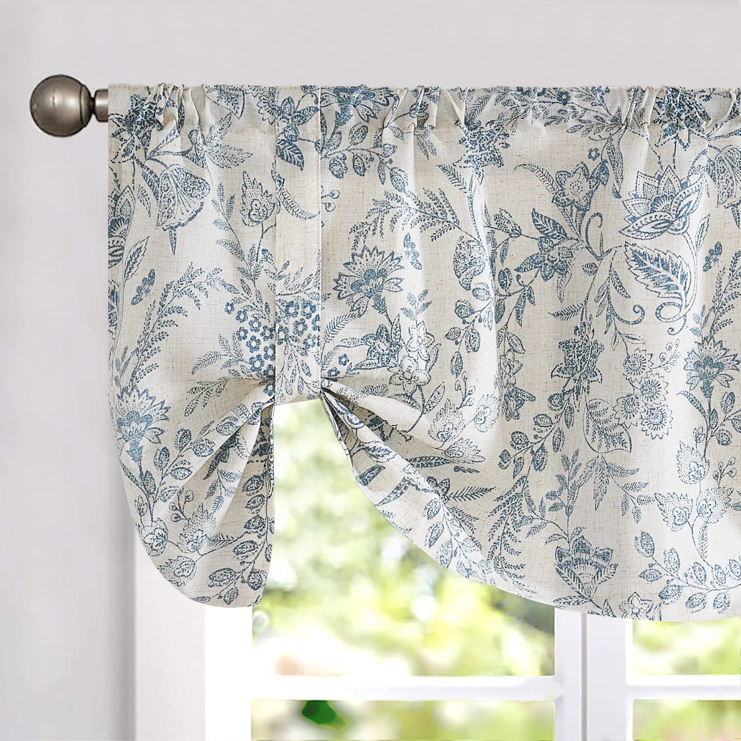 Lazzzy Blue Floral Tie Up Valance Curtain Linen Farmhouse Valance for Kitchen Living Room Bathroom Bedroom Country Valances Wind