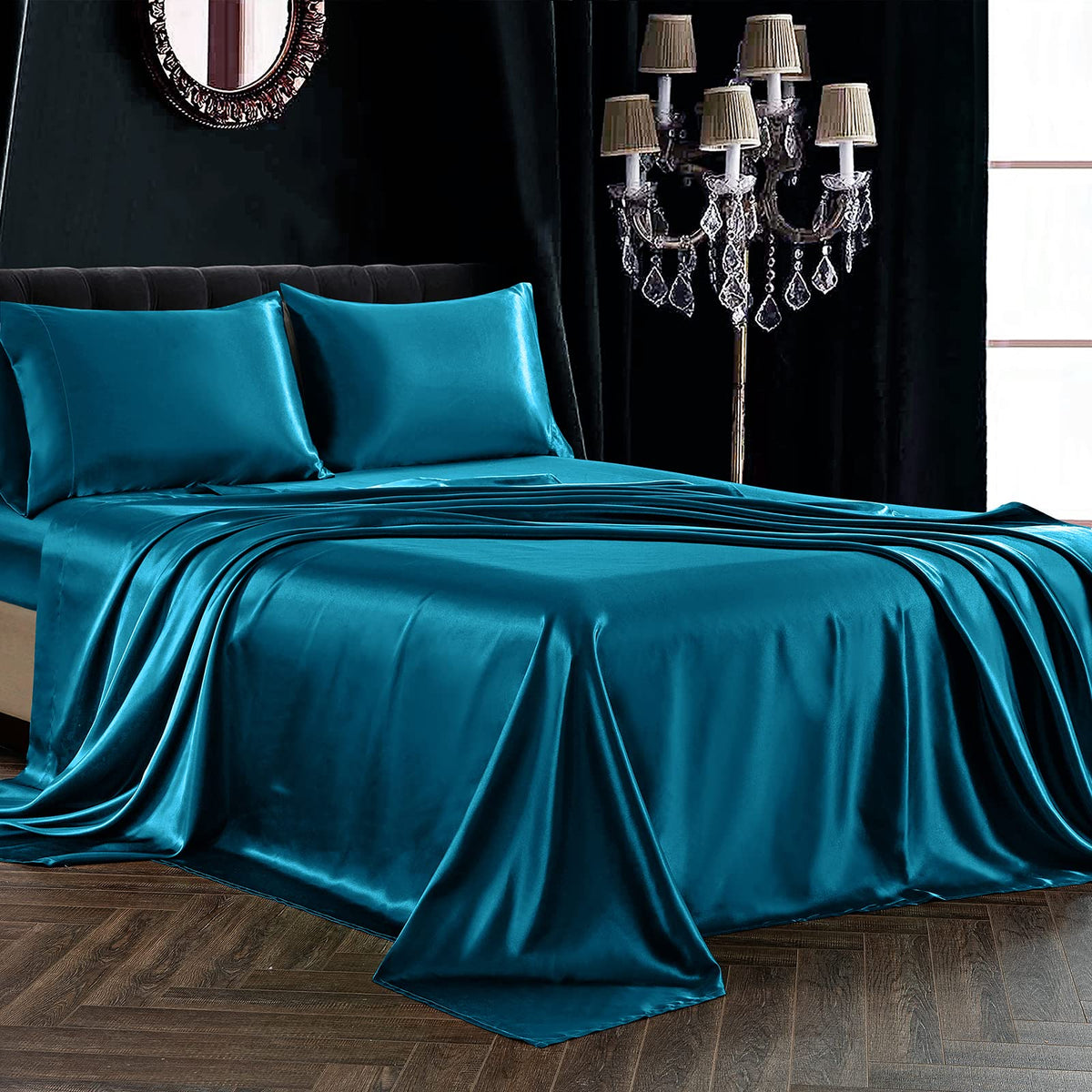 Siinvdabzx 4Pcs Satin Sheet Set Full Size Ultra Silky Soft Teal Satin Full Bed Sheets With Deep Pocket, 1 Fitted Sheet, 1 Flat S