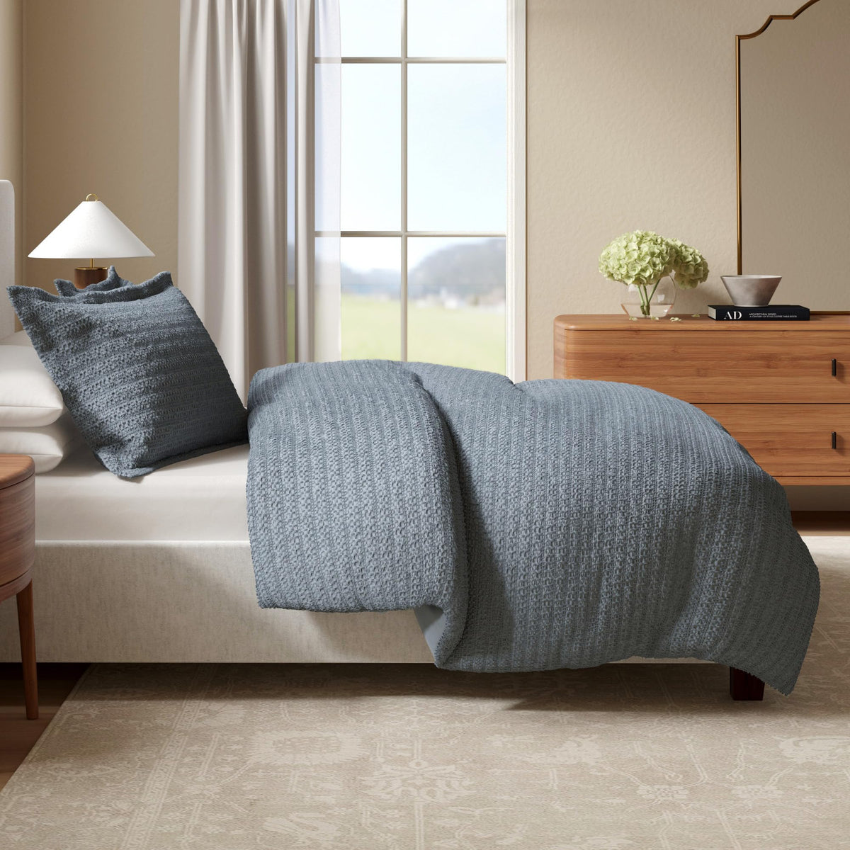 Great Bay Home 100% Natural Cotton Duvet Cover Set, Full/Queen Size - Waffle Weave Denim Blue Duvet Cover With Button Closure &