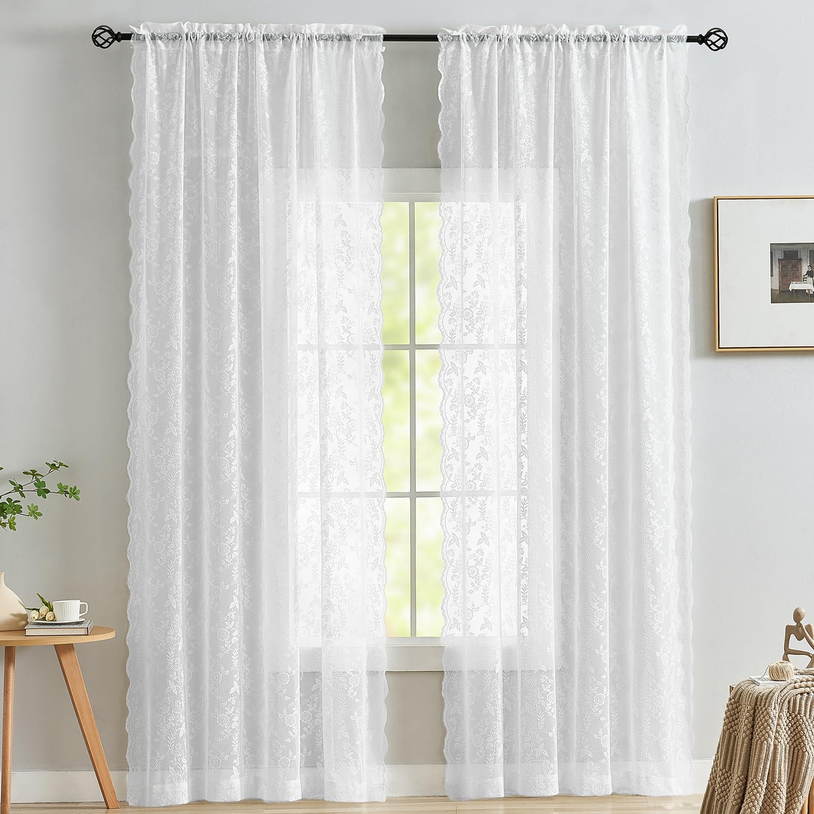 102 Inch Length White Lace Curtains 2 Panels Set Country Rustic Leaf Floral Knitted Vintage Lace Curtains For Living Room Bedroo