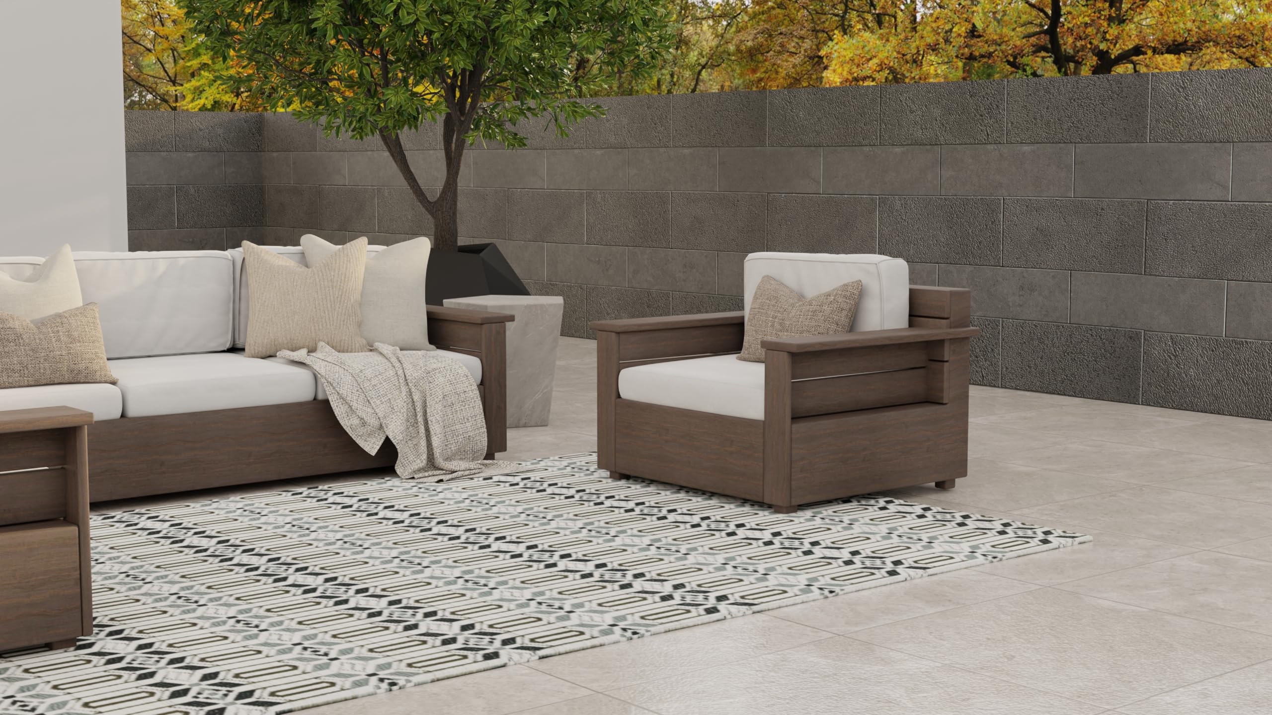 Mad Mats Geometric Outdoor Rug, Reversible Plastic Mat (2.5' X 6', Grey/White)