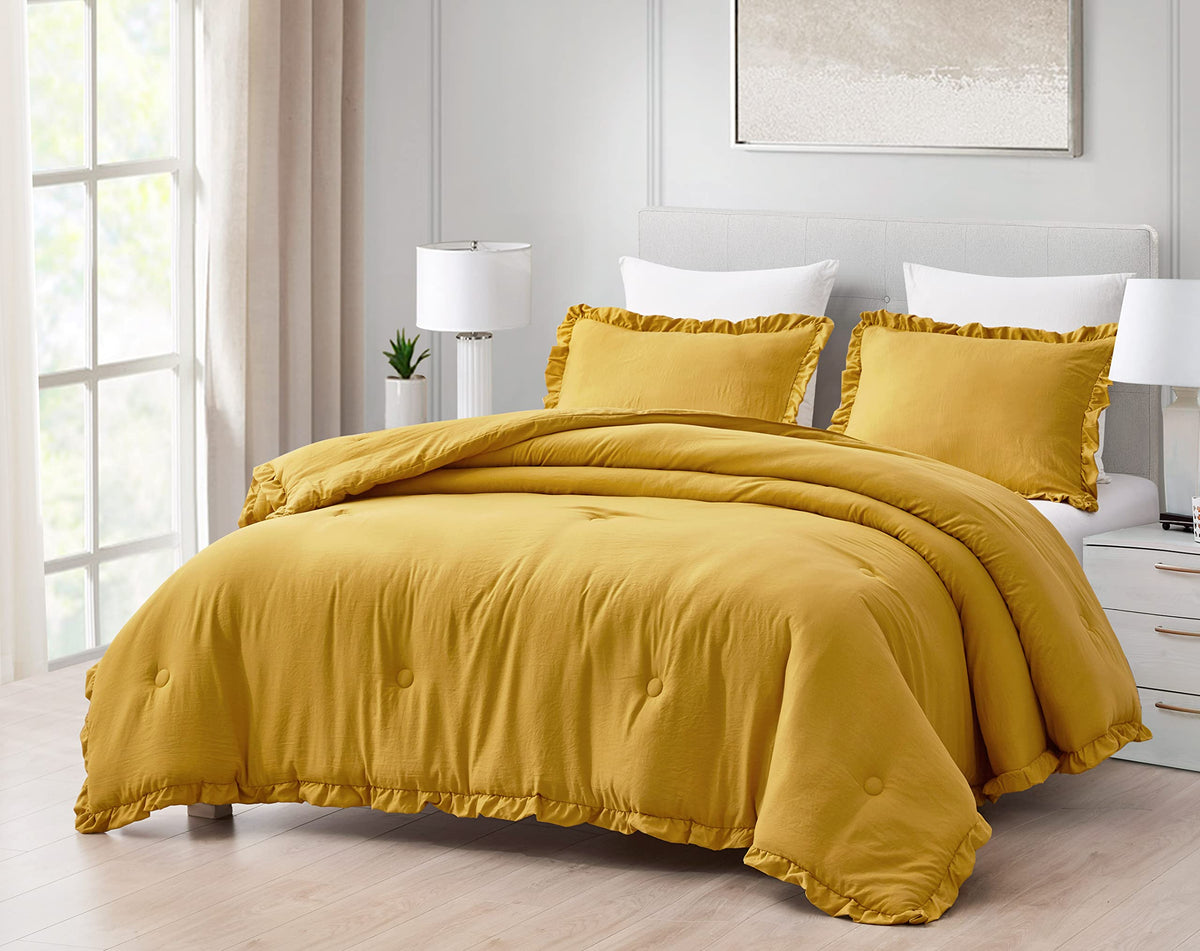 Chezmoi Collection Nora Mustard Yellow Comforter Set Full Size 3-Piece Fluffy Soft Lightweight Bedding Ruffled Edge Trim Stone-W