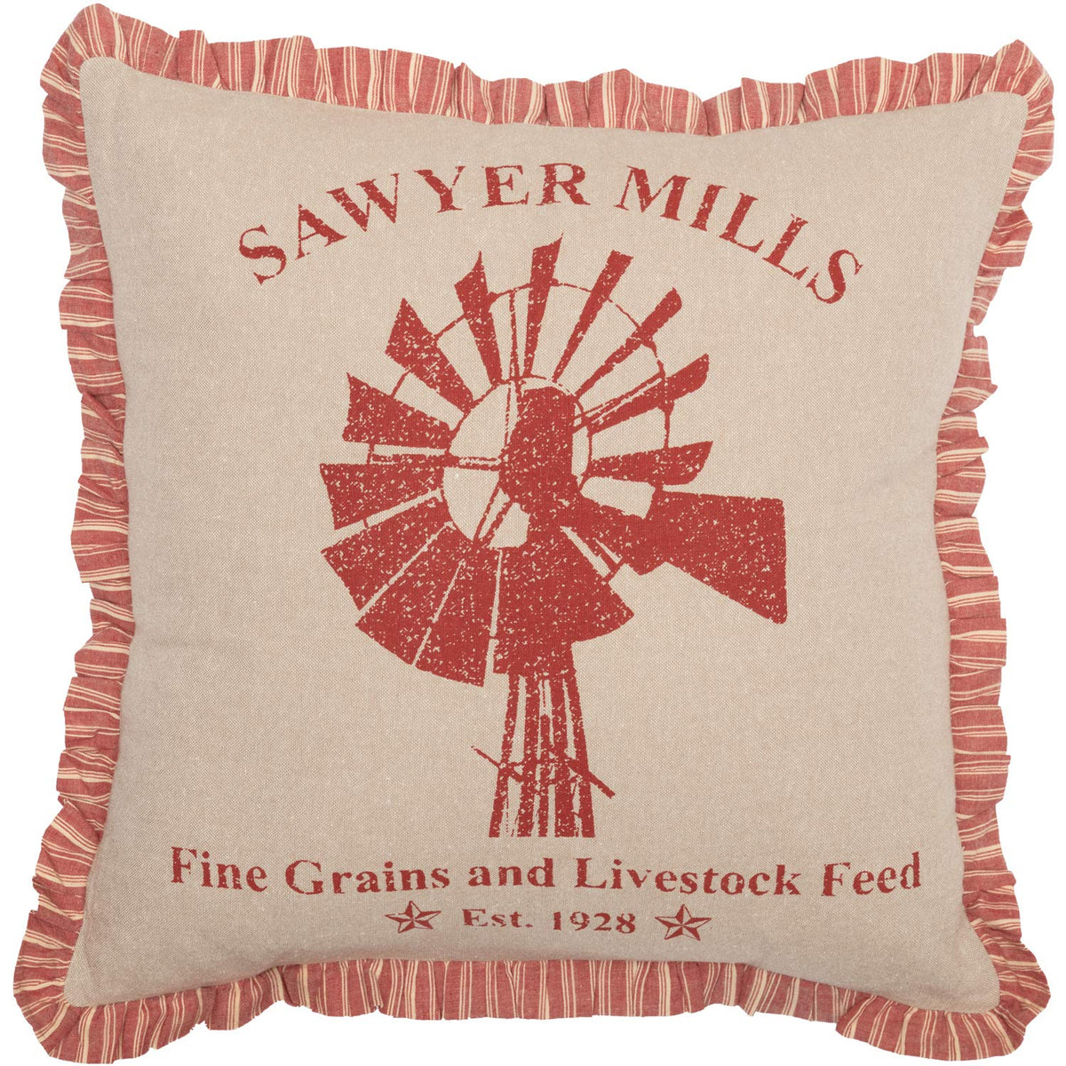 Vhc Brands Farmhouse Sawyer Mill Chambray Windmill Square Pillow, Red 18X18