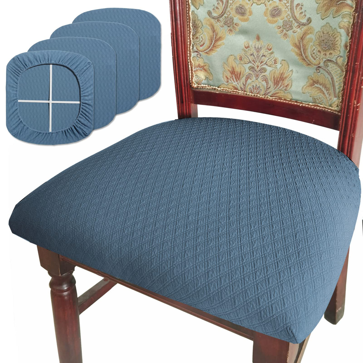 Buyue Dining Room Chair Seat Covers Set Of 4, Luxury Jacquard Fabric Stretch Washable Slipcover For Kitchen Seat Cushions, Sky Blue-4Pcs