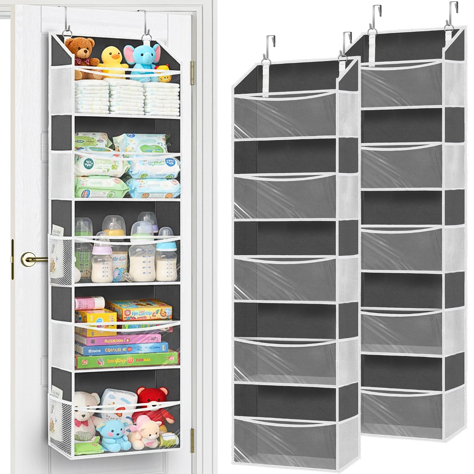 Ofiray-home 2 Pack Over Door Organizer with 5 Large Pockets, 5 Transparent Front Pockets & 10 Mesh Side, 50 lbs Weight Capacity 
