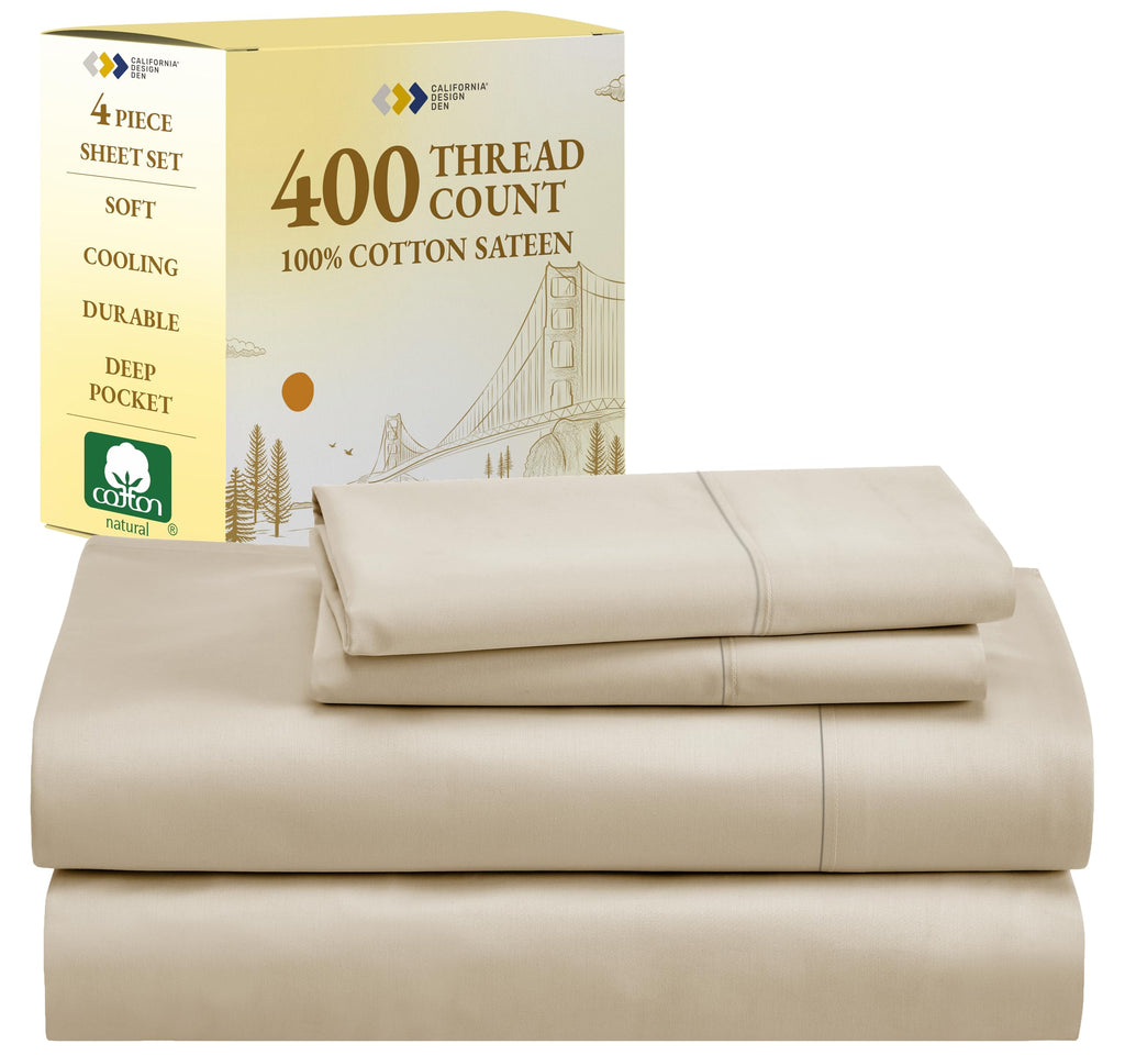 California Design Den Queen Sheet Set, 100% Cotton 400 Thread Count Sateen Cotton Sheets, Soft & Breathable,Cooling Deep Pocket
