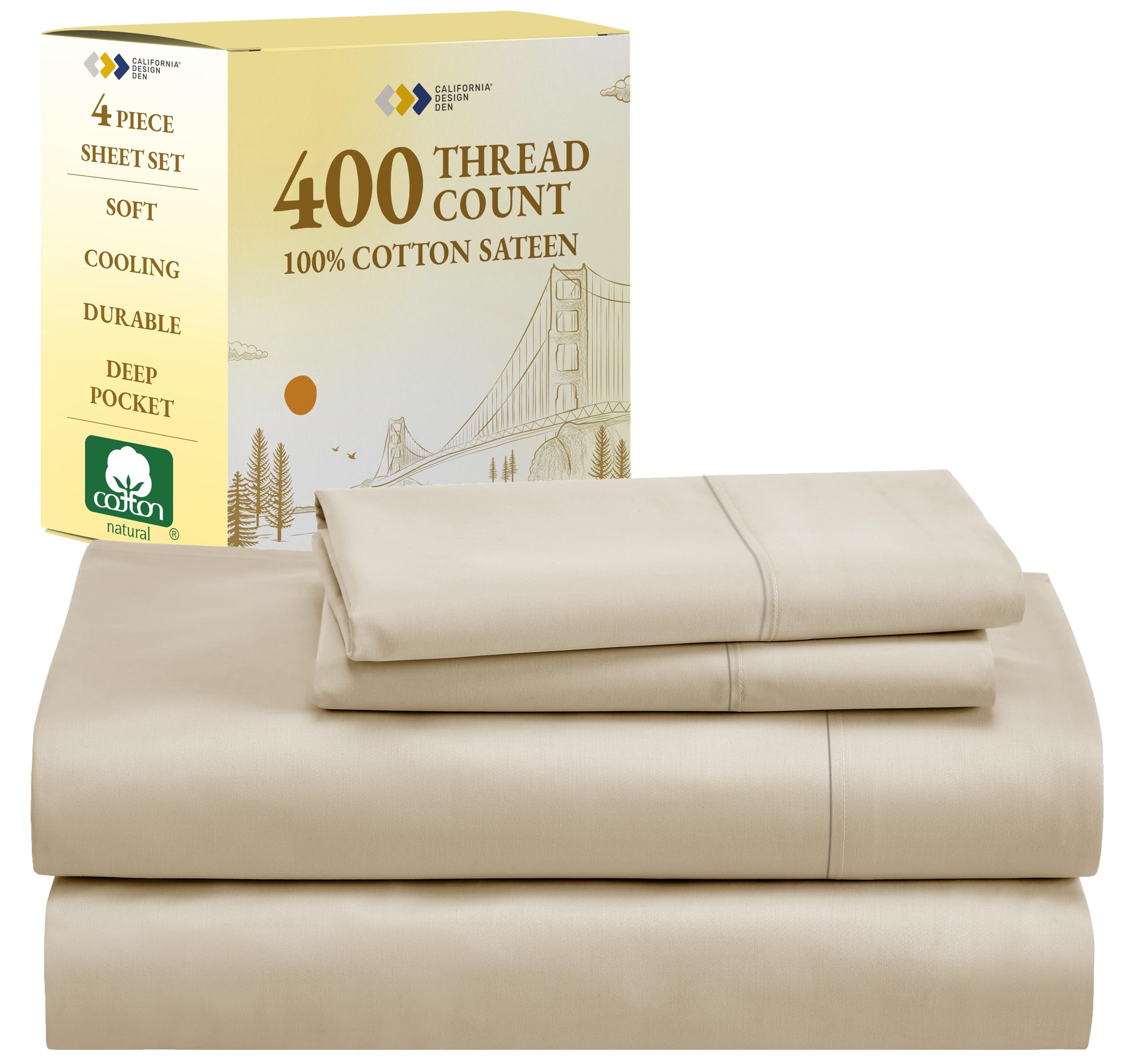 California Design Den Queen Sheet Set, 100% Cotton 400 Thread Count Sateen Cotton Sheets, Soft & Breathable,Cooling Deep Pocket