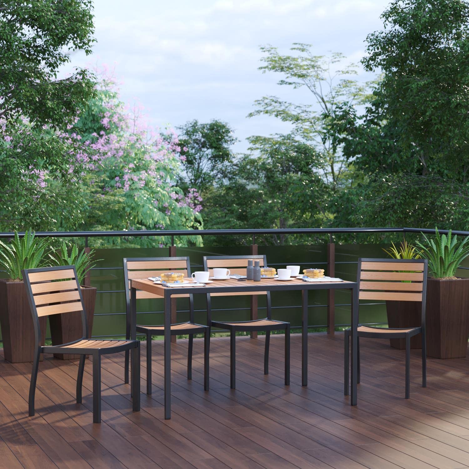 Flash Furniture 5 Piece Patio Table Set - Synthetic Teak Poly Slats - 30" x 48" Steel Framed Table with 4 Faux Teak Chairs