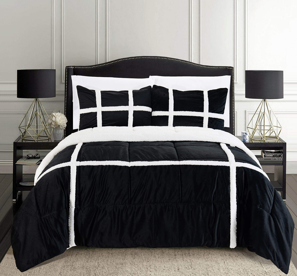 Elegant Comfort Micromink Stripe Lined Sherpa Comforter Set, Premium Down Alternative Micro-Suede 3-Piece Reversible Comforter S