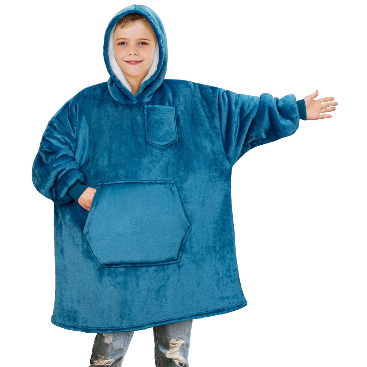 Pavilia Wearable Blanket Sweatshirt Kids Boy Girl, Warm Cozy Giant Hoodie With Big Pocket And Long Sleeves, Fleece Sherpa Oversi