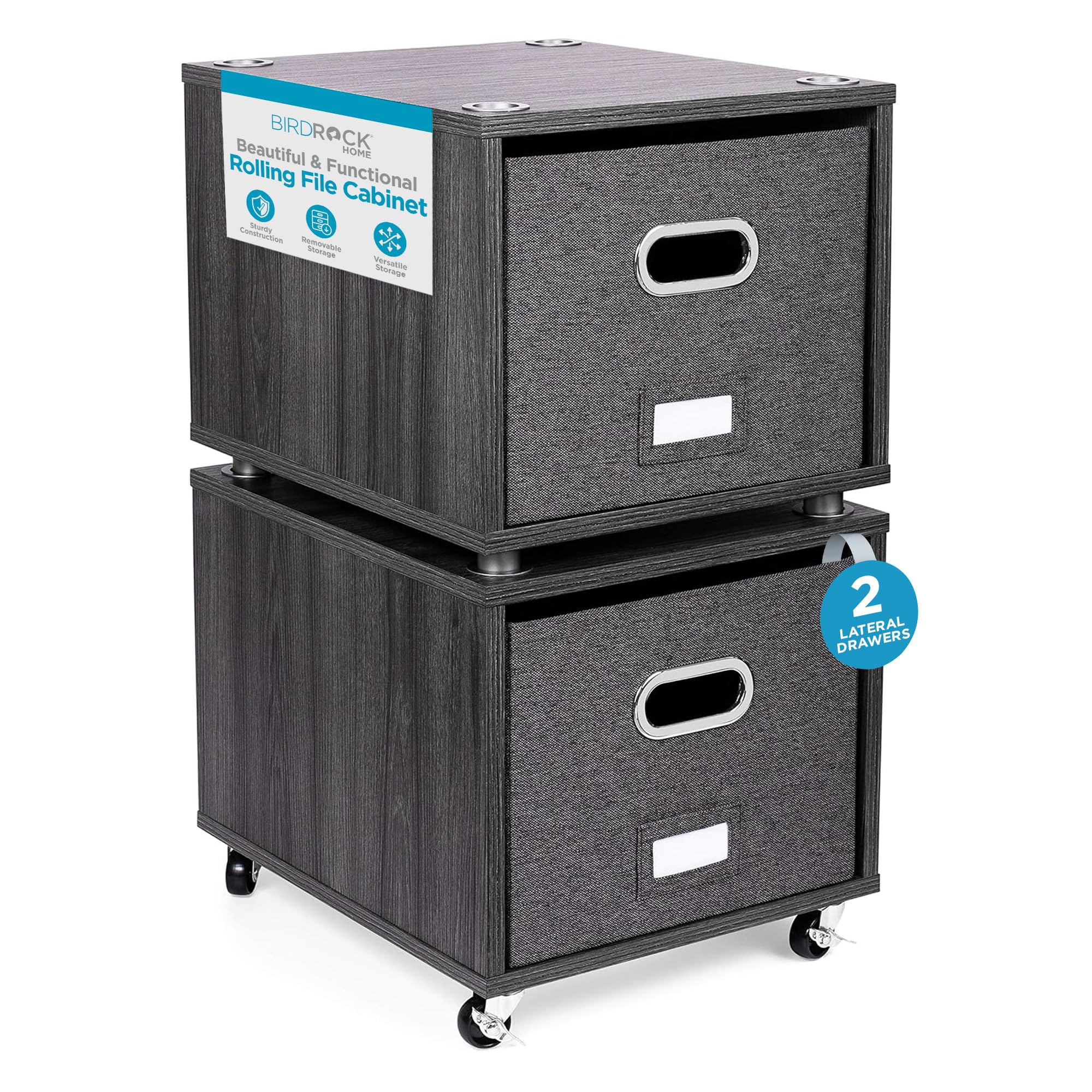 Birdrock Home Rolling File Cabinet – Decorative Storage Shelf W/Removable Bins, Handles, And Wheels – Organize Files, Books, Toys, Under Desk Office Solution, Modern Design - 2 Lateral Drawers, Gray