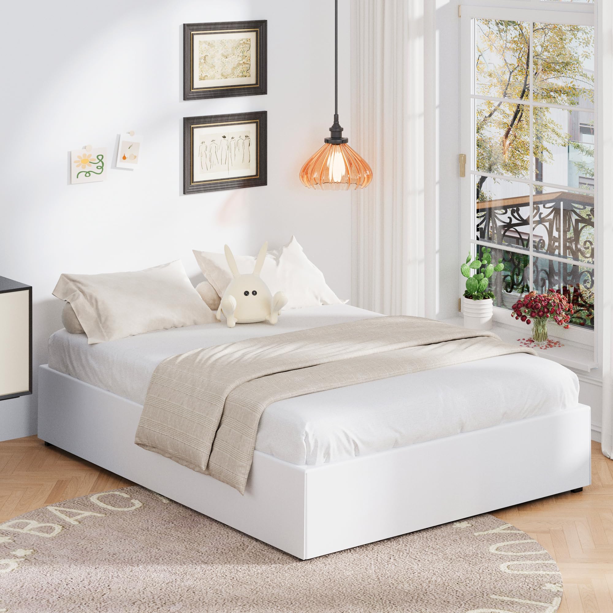 Upcanso 16 Inch Cal King Bed Frame With White Skirt Cover, Metal California King Bed Frames With Storage, No Box Spring Needed, Heavy Duty, Easy Assembly, Noise Free, Mattress Foundation