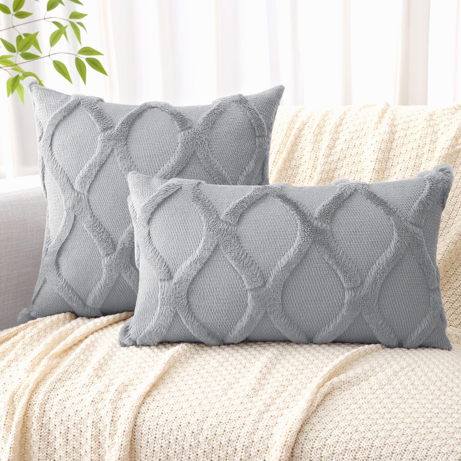 Decoruhome Throw Pillow Covers 20X20 Inch Set Of 2, Soft Plush Faux Fur Wool Grey Couch Pillow Covers, Decorative Pillow Cases For Bed Sofa Living Room Home Decor