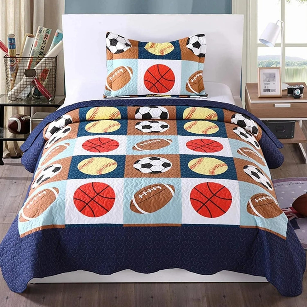 Marcielo 2 Piece Kids Bedspread Quilts Set Throw Blanket For Teens Boys Bed Printed Bedding Coverlet, Twin Size, Blue Basketball