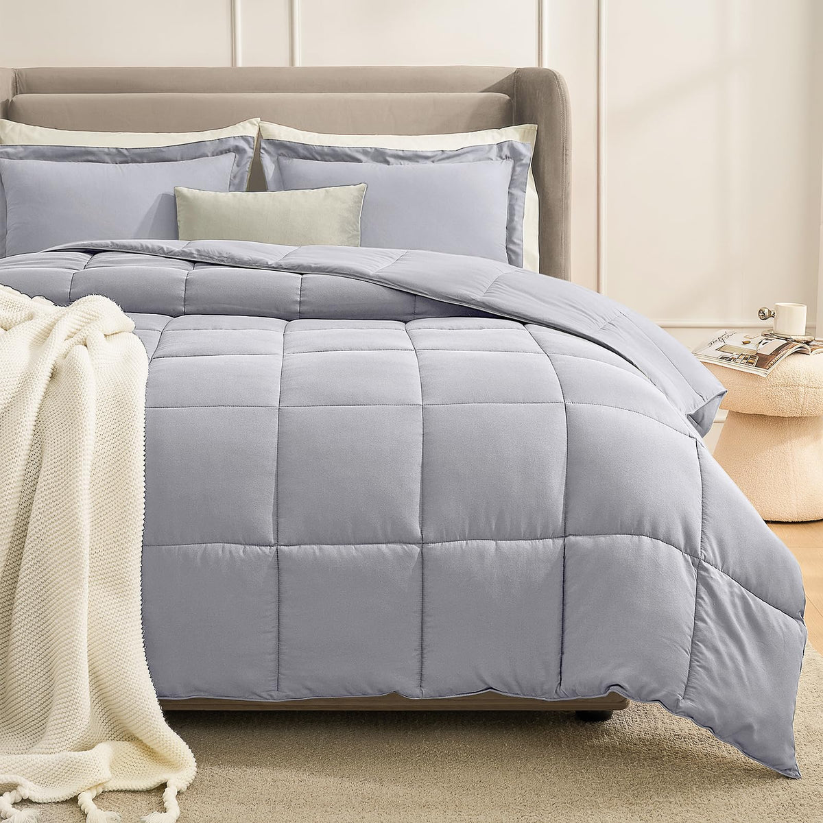 Homelike Moment King Comforter Set, Soft Down Alternative Bedding, Light Grey, 3 Pcs Incl 1 Comforter & 2 Shams, All Season, Lig