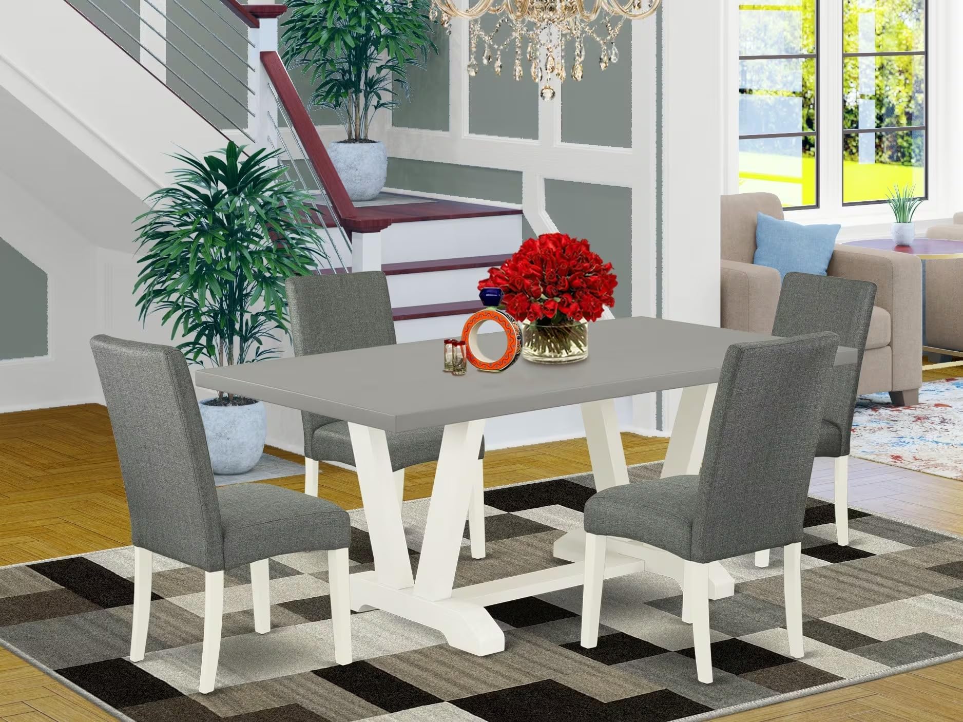 East West Furniture V097Dr207-5 5 Piece Kitchen Table Set For 4 Includes A Rectangle Dining Room Table With V-Legs And 4 Gray Linen Fabric Upholstered Chairs, 40X72 Inch, Multi-Color