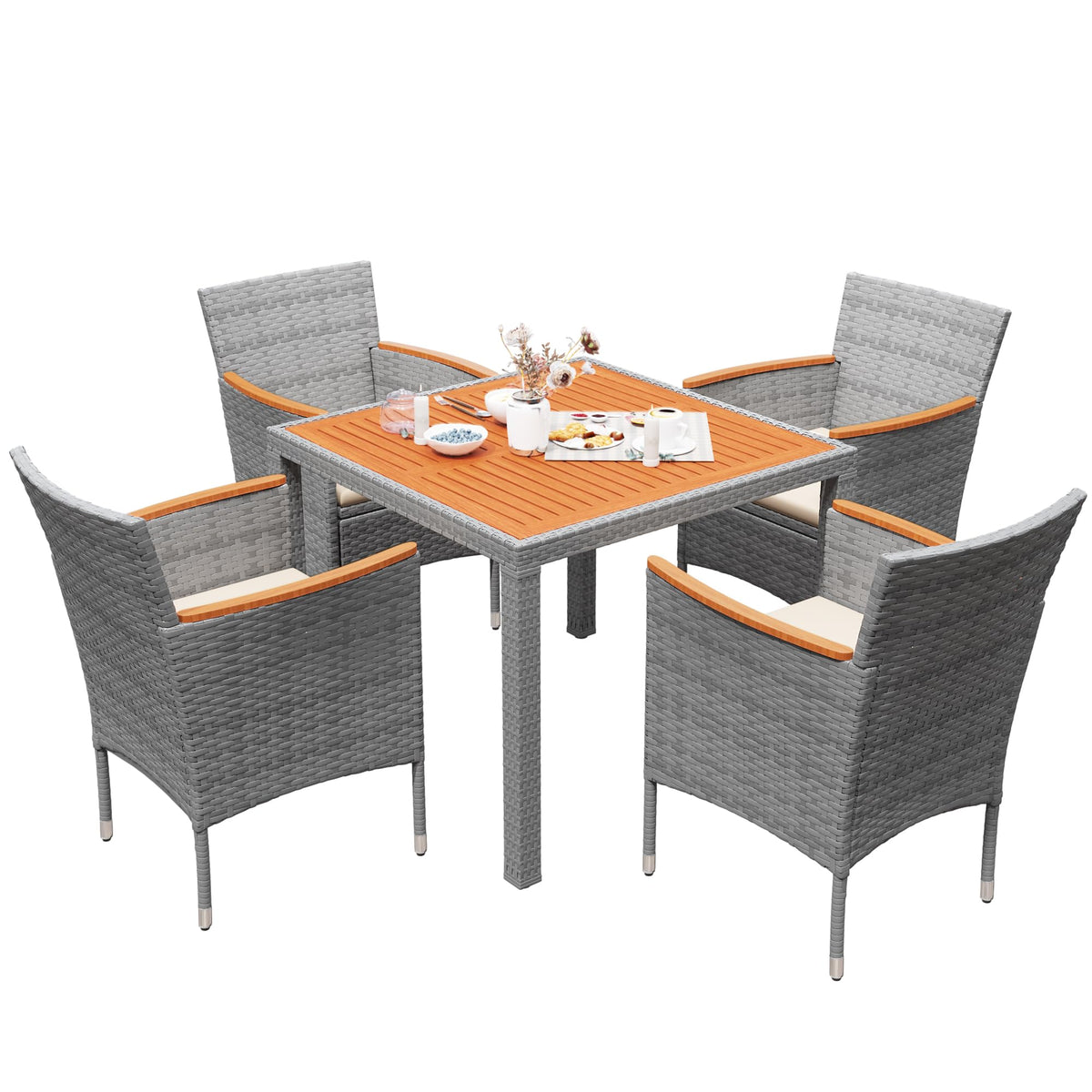 Devoko 5 Pcs Furniture, Patio Conversation Set With Acacia Wood Top, Rattan Outdoor Dining Table And Chairs For Backyard, Garden, Deck, Grey