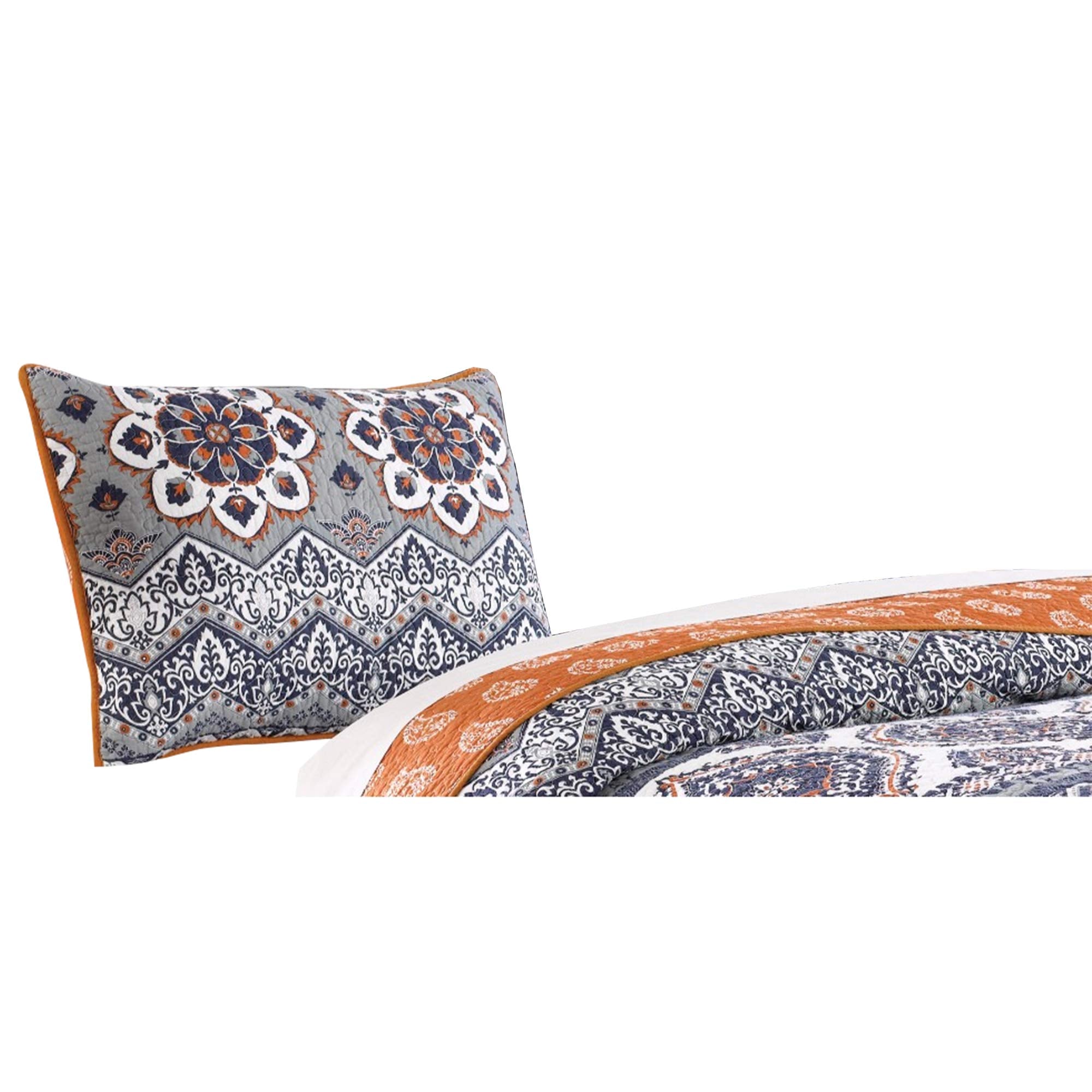 Benjara Thelon Standard Size Fabric Sham With Floral And Chevron Prints, Gray And Blue