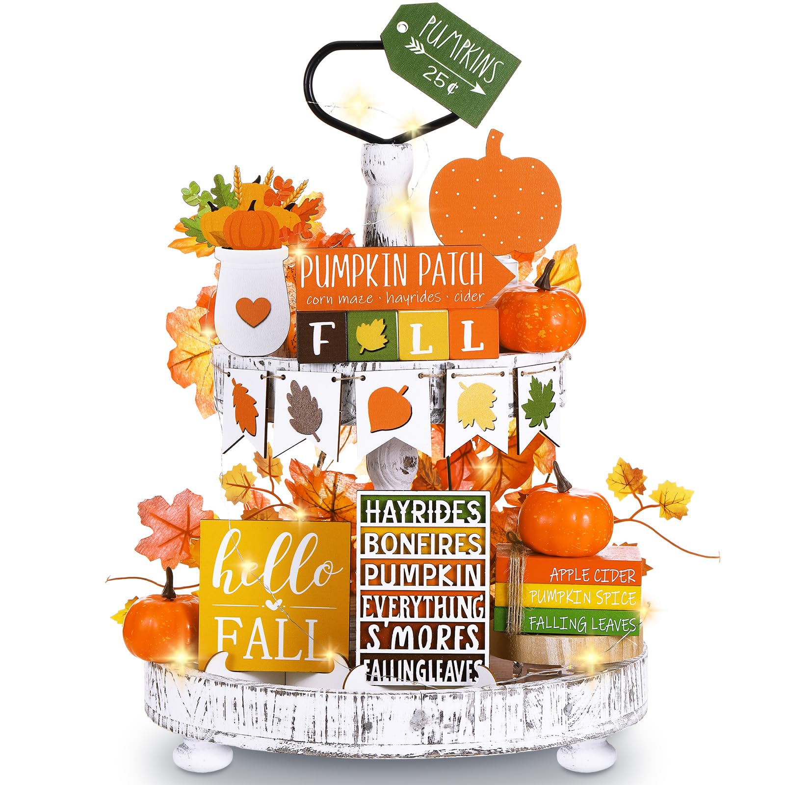 FairySandy 19 PCS Bright Fall Tiered Tray Decor Fall Farmhouse Home Decor Set Fall Wood Tray Decor Autumn Pumpkin Tiered Tray De