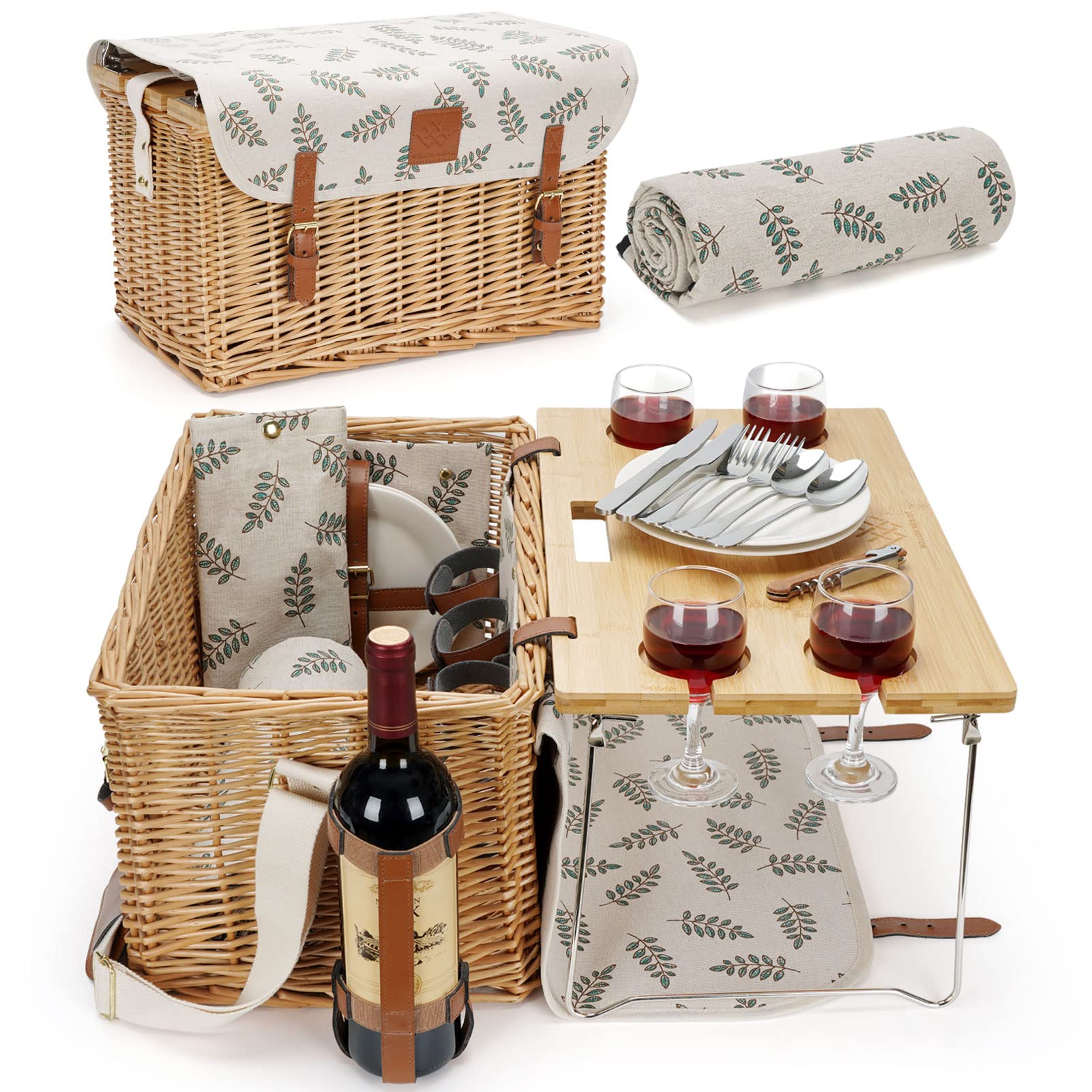 Willow Weave Picnic Basket With Table, Wine Picnic Basket Set 4, Wicker Picnic Basket For 4, Willow Hamper Service Gift Set With