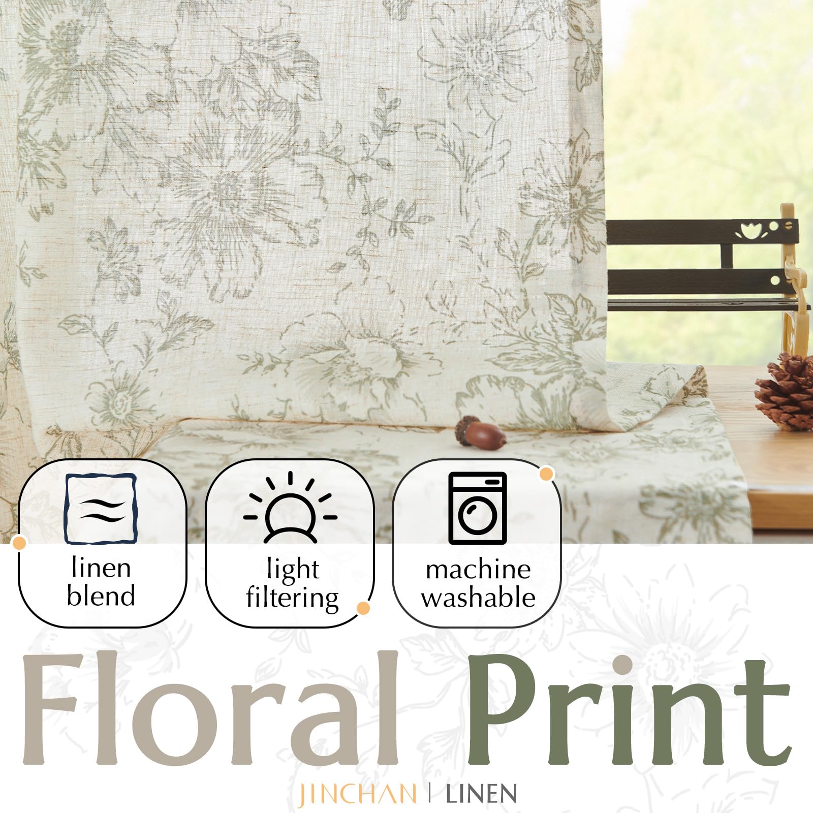 Jinchan Linen Blend Curtains Floral Curtains For Living Room 45 Inch Length Sage Green Printed Curtains Rod Pocket Back Tab Farmhouse Peony Flower Patterned Drapes Bedroom Window Curtain Set 2 Panels